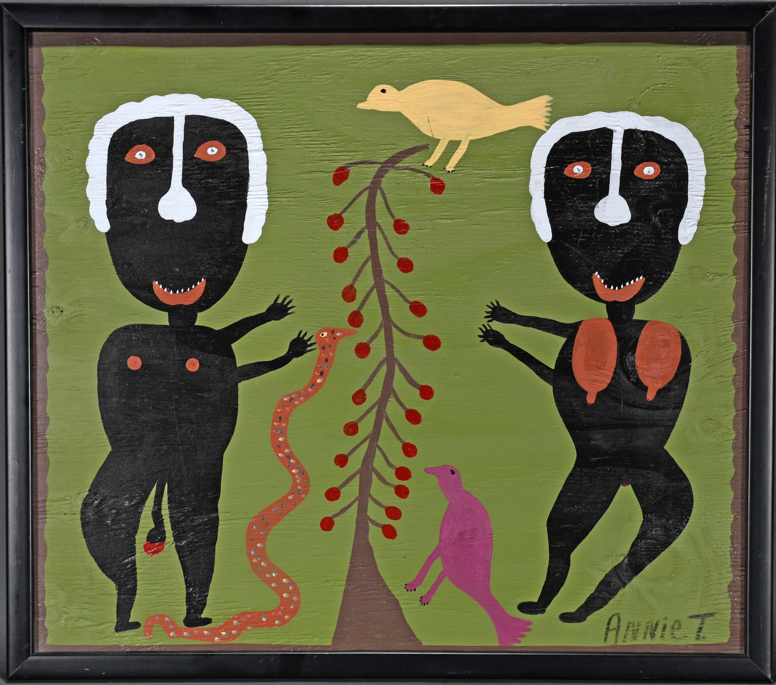 Annie Tolliver. Adam and Eve.: Annie Tolliver. Adam and Eve. Signed. Paint on board. Minor dent on lower left, otherwise great condition. 28" w x 25" h including frame. Est. $500-800. Ship: $85