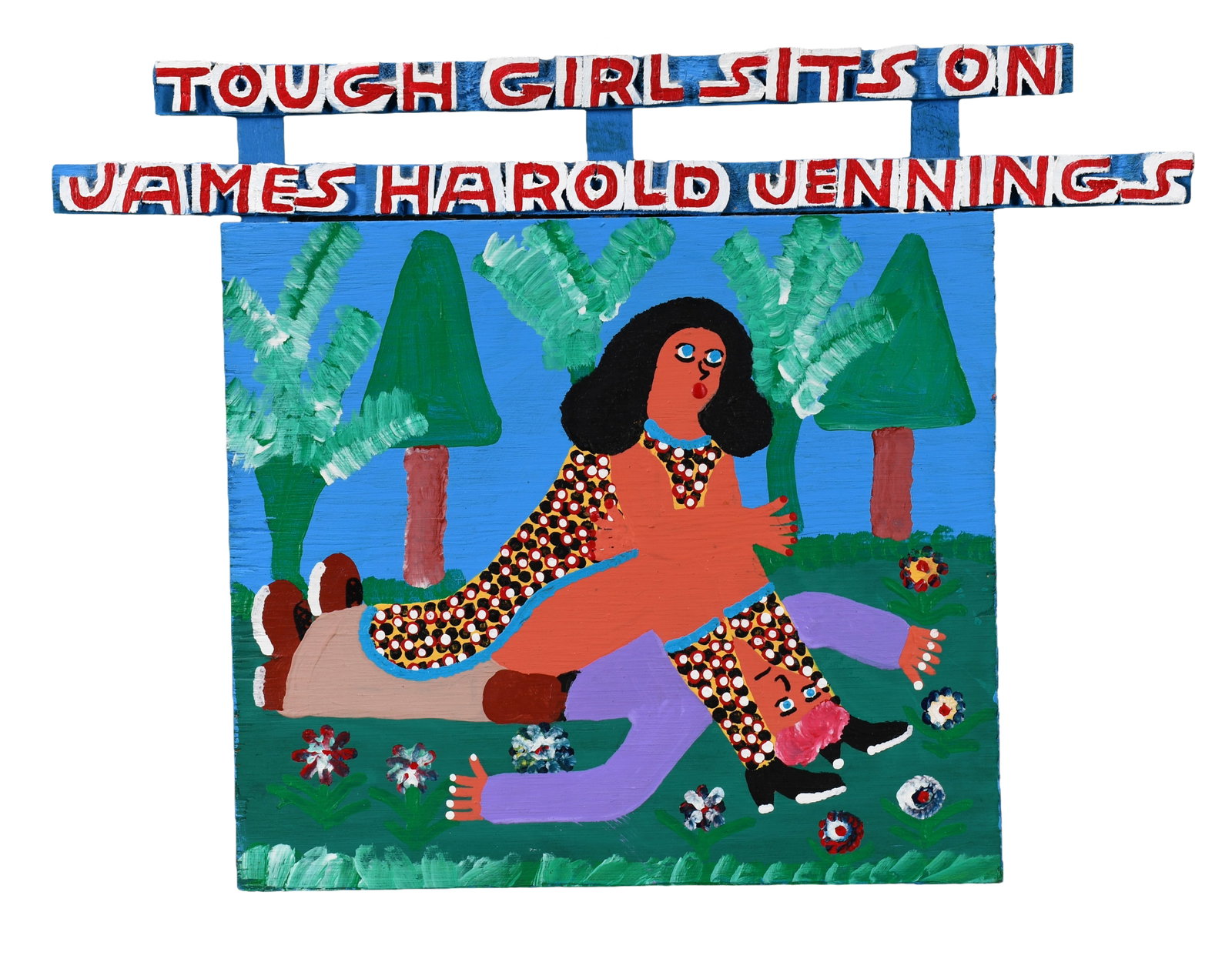 James Harold Jennings. Tough Girl Sits On James.: James Harold Jennings. Tough Girl Sits On James Harold Jennings. Signed. Paint on board. Excellent condition. 18" w x 13" h. Est. $500-800. Ship: $65