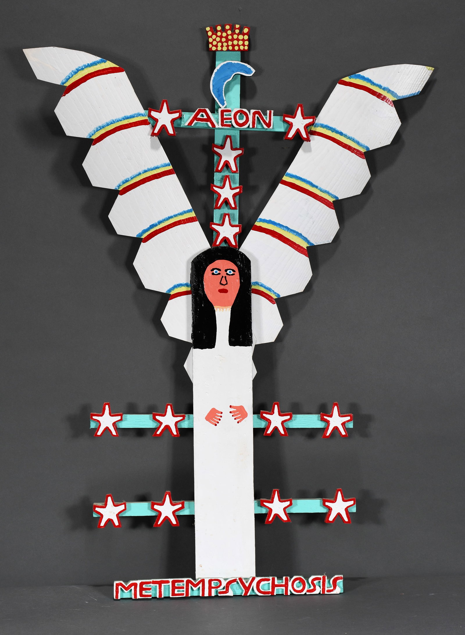 James Harold Jennings. Metempsychosis.: James Harold Jennings. Metempsychosis. Signed and titled. Paint, vinyl and cut out wood construction. Excellent condition. 22" w x 33" h. Est. $800-1,200. Ship: $100