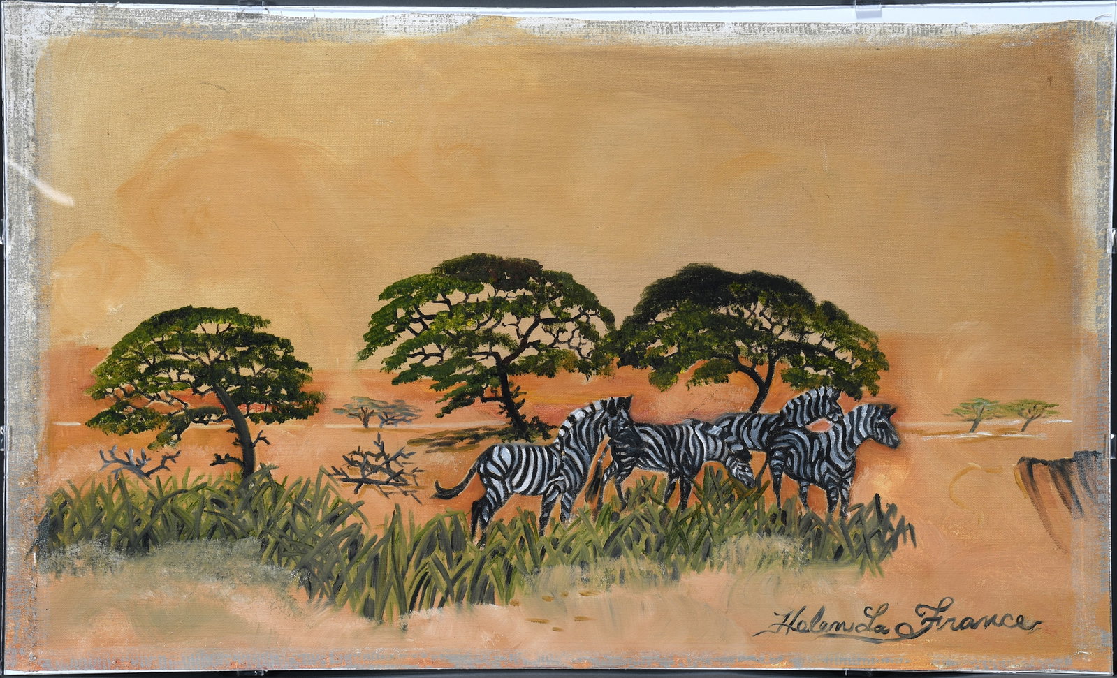 Helen La France. Zebras.: Helen La France. (1919-2020, KY). Zebras. Signed. Paint on canvas. Needs to re-stretched over frame, otherwise excellent condition. Image is 33" w x 20" h. Est. $800-1,200. Ship: $150