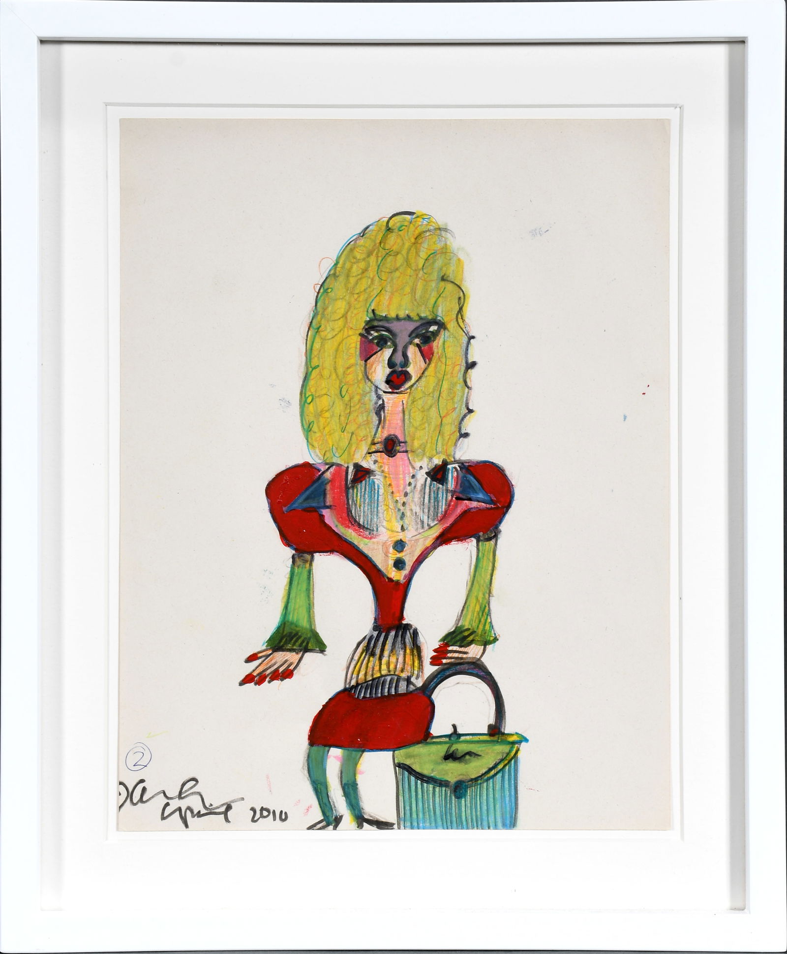 Anne Grgich. Blonde Woman with Purse.: Anne Grgich. Blonde Woman with Purse. 2010. Signed and dated. Paint and ink on paper. Excellent condition. Frame is 12" w x 14.5" h. Est. $300-500. Ship: $45