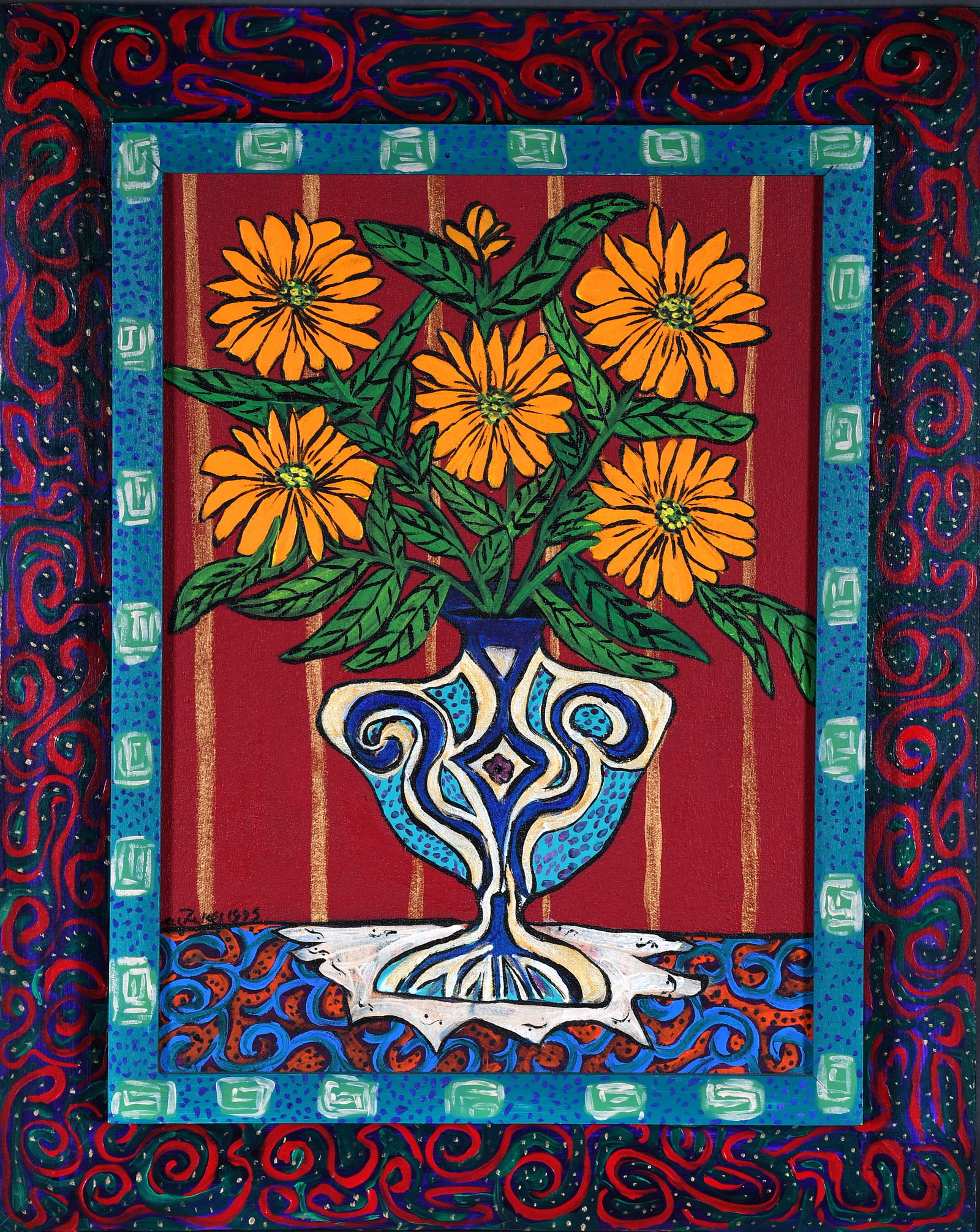 Sarah Rakes. Bloom Again Sunflowers.: Sarah Rakes. Bloom Again Sunflowers. 1995. Signed and dated. Oil on canvas with artist-decorated frame. Excellent condition. 17" w x 21" h including frame. Est. $500-800. Ship: $65