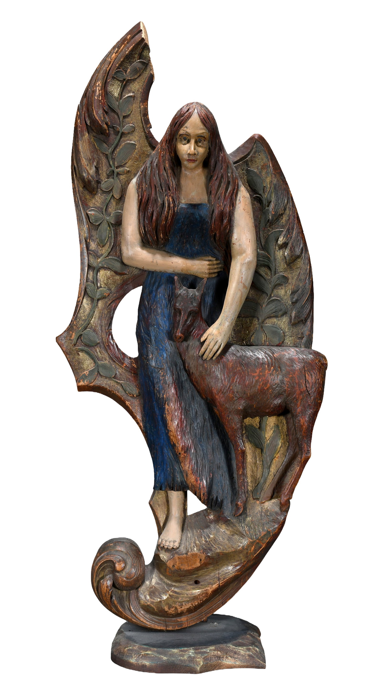 Woman In Forest With Deer Wood Relief Plaque.: Anonymous. Woman In Forest With Deer. Carved and painted wood-relief plaque. Possibly religious. Loss to upper left background, otherwise good condition. 19" w x 42" h. Provenance: The Gary Schwindler
