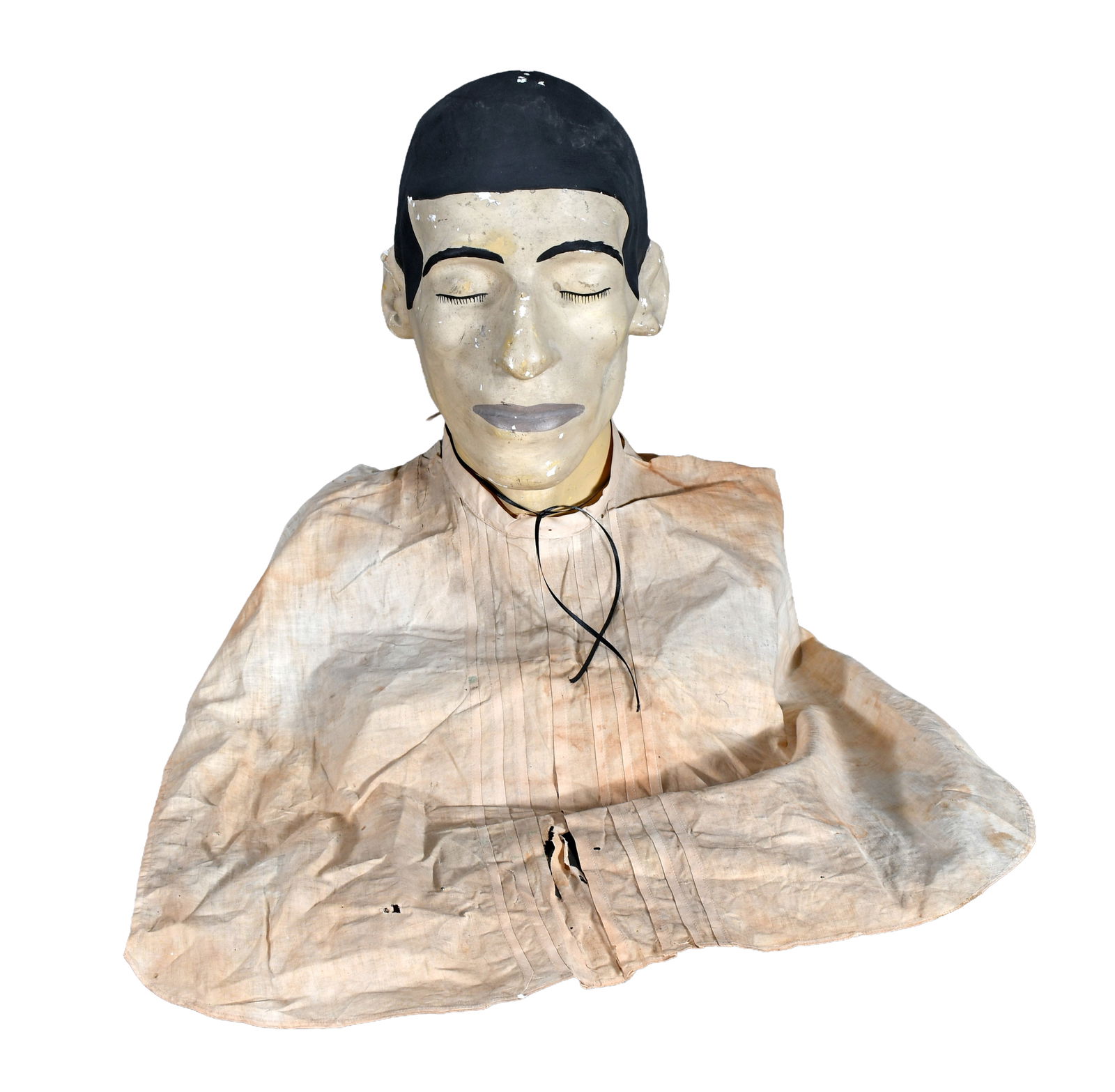 Trade Sign. Funeral Home Head for Casket Sales.: Trade Sign. Funeral Home Head for Casket Sales. c. 19th Century. Paint on plaster for head with muslin fabric shirt. Strange painted plaster life size head in death pose; in original period garment. T