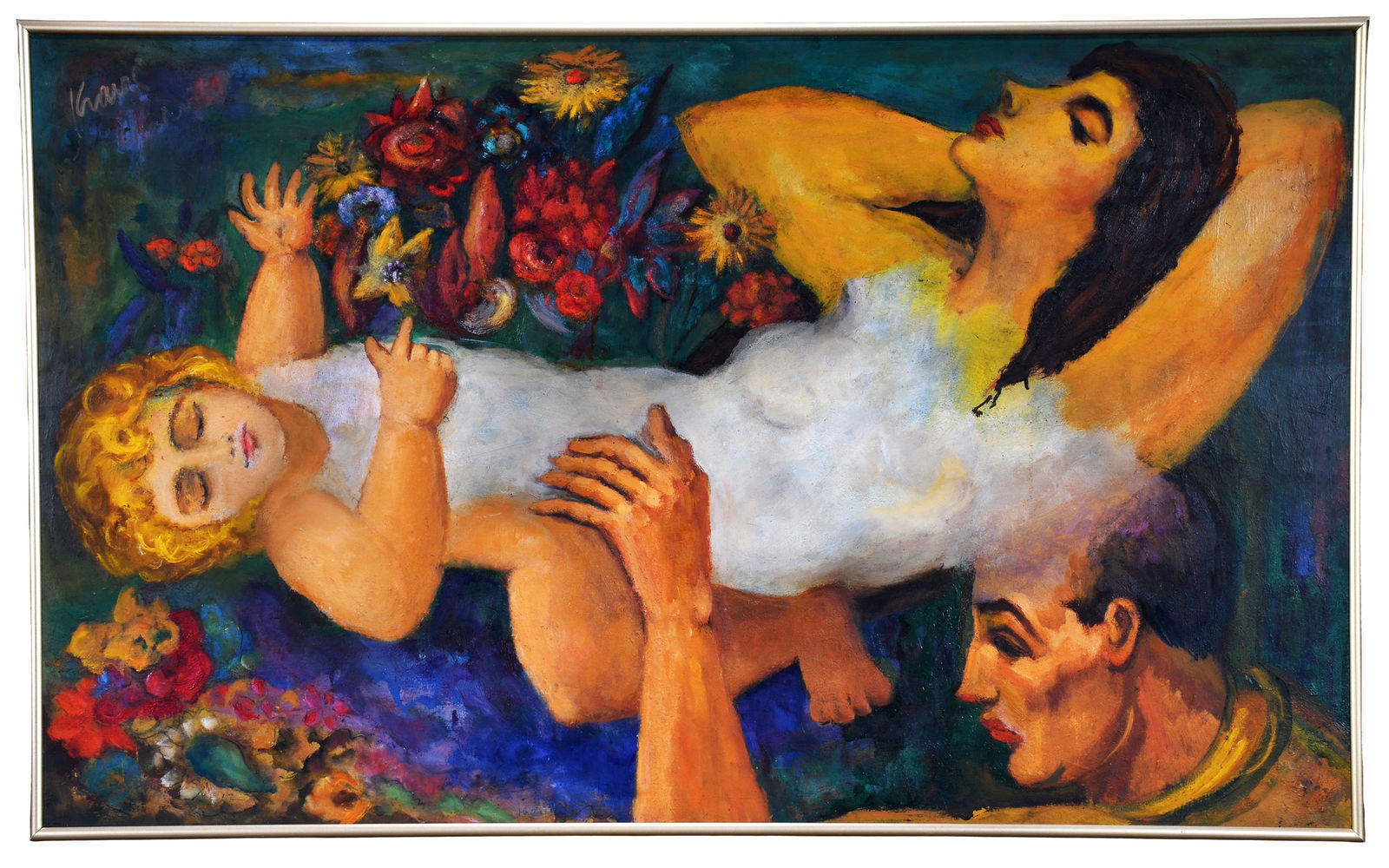 Woman and Child Painting.: Unknown. Woman and Child. Signed, but signature is not legible. Oil on Masonite. Excellent condition. Frame is 36" w x 22" h. Est. $300-500. Ship: $85