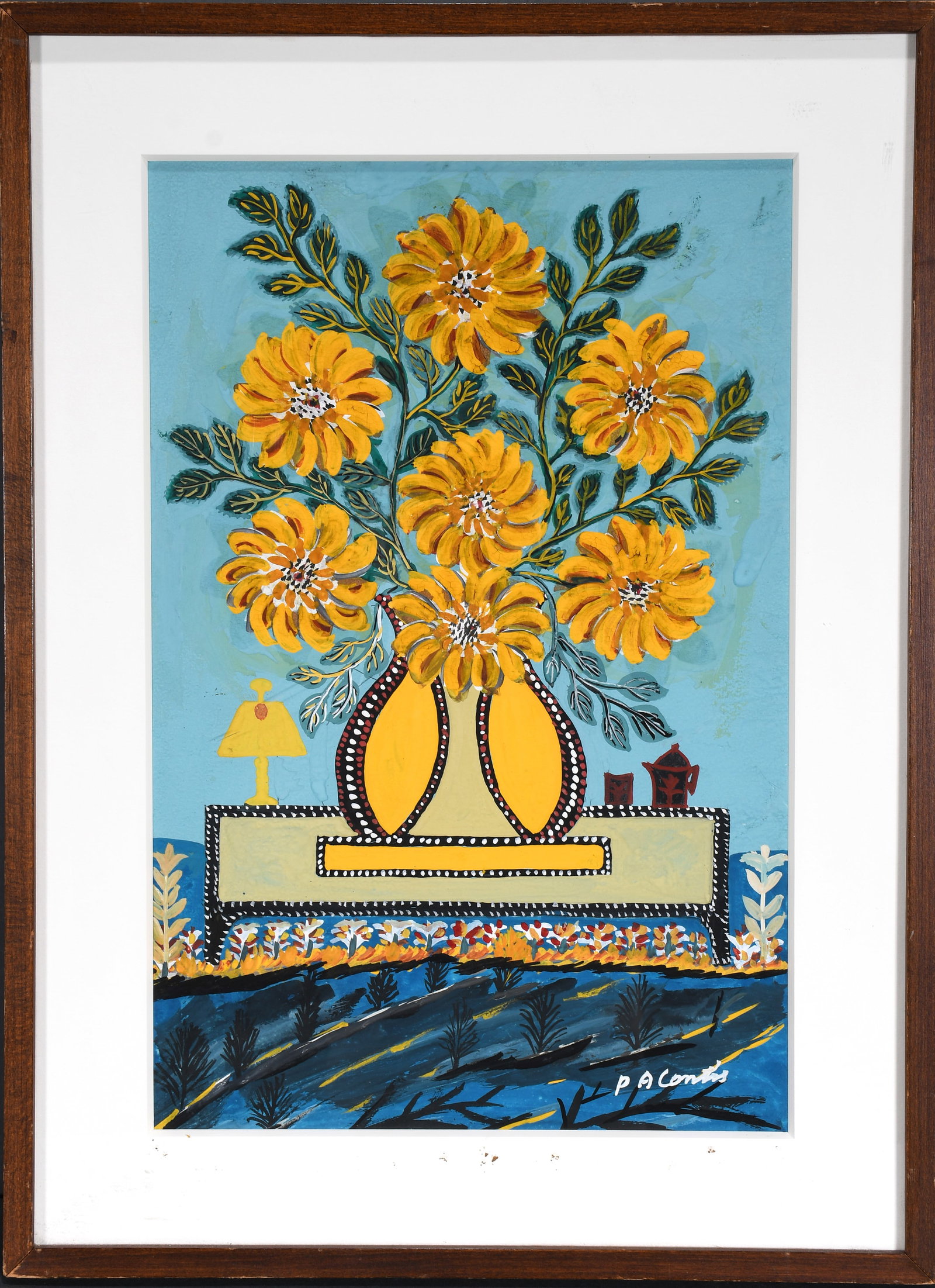 Peter A. Contis. Yellow Flowers and Vase.: Peter A. Contis (1890-1973). Yellow Flowers and Vase. Signed. Oil on artist board. Excellent condition. Frame is 16" w x 22" h. Est. $300-500. Ship: $45