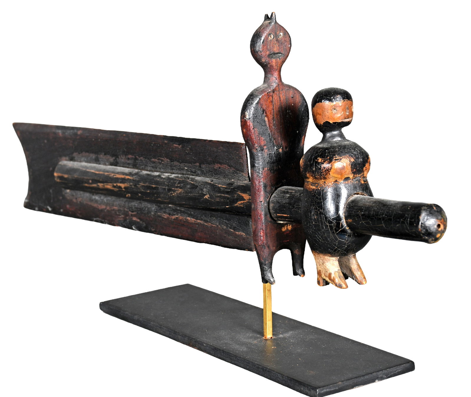 Erotic Devil and Woman Weathervane.: Anonymous. Erotic Devil and Woman Weathervane. c. 1900-1930's. Not signed. Carved and stained wood. Excellent condition. Size with display stand is 19" long x 8.5" h. Est. $500-1,000. Ship: $65
