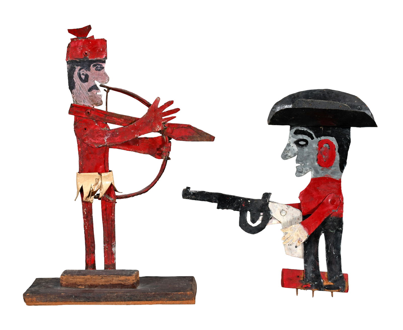 Indian and Cowboy.: Unknown Artist. Indian and Cowboy. Not signed. Cut out, painted and assembled tin, attached to wooden base with mixed media. Good environmental condition, minor paint loss. Tallest is 10 x 16. Est. $5