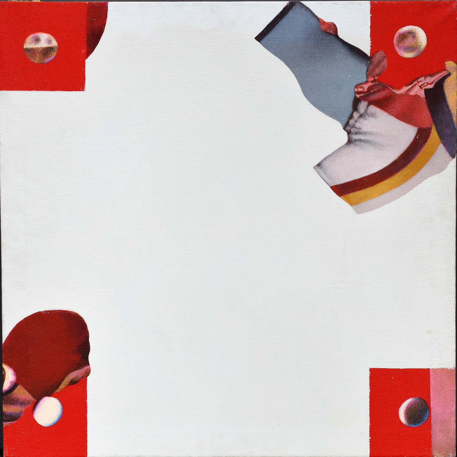 Yuri Dyshlenko. Untitled - Four Red Squares.: Yuri Dyshlenko. Untitled - Four Red Squares. Not signed. Oil on canvas. Minor surface grime, otherwise excellent condition. 28" w x 28" h. Phyllis Kind Gallery. Est. $1,000-3,000. Ship: $150