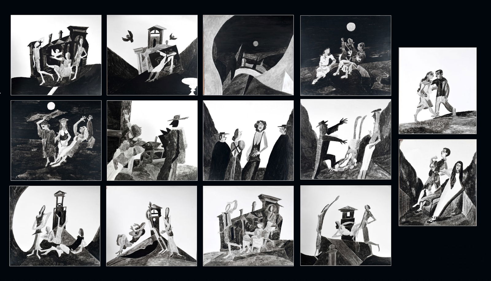 Boris Kocheishvili. 14 Watercolors.: Boris Kocheishvili. (Russian, b. 1940). 14 Watercolors. c. 1990's. Black and white watercolor on poster. Minor wear on edges, overall good condition. 28" x 24"each. Provenance: Phyllis Kind Gallery. E