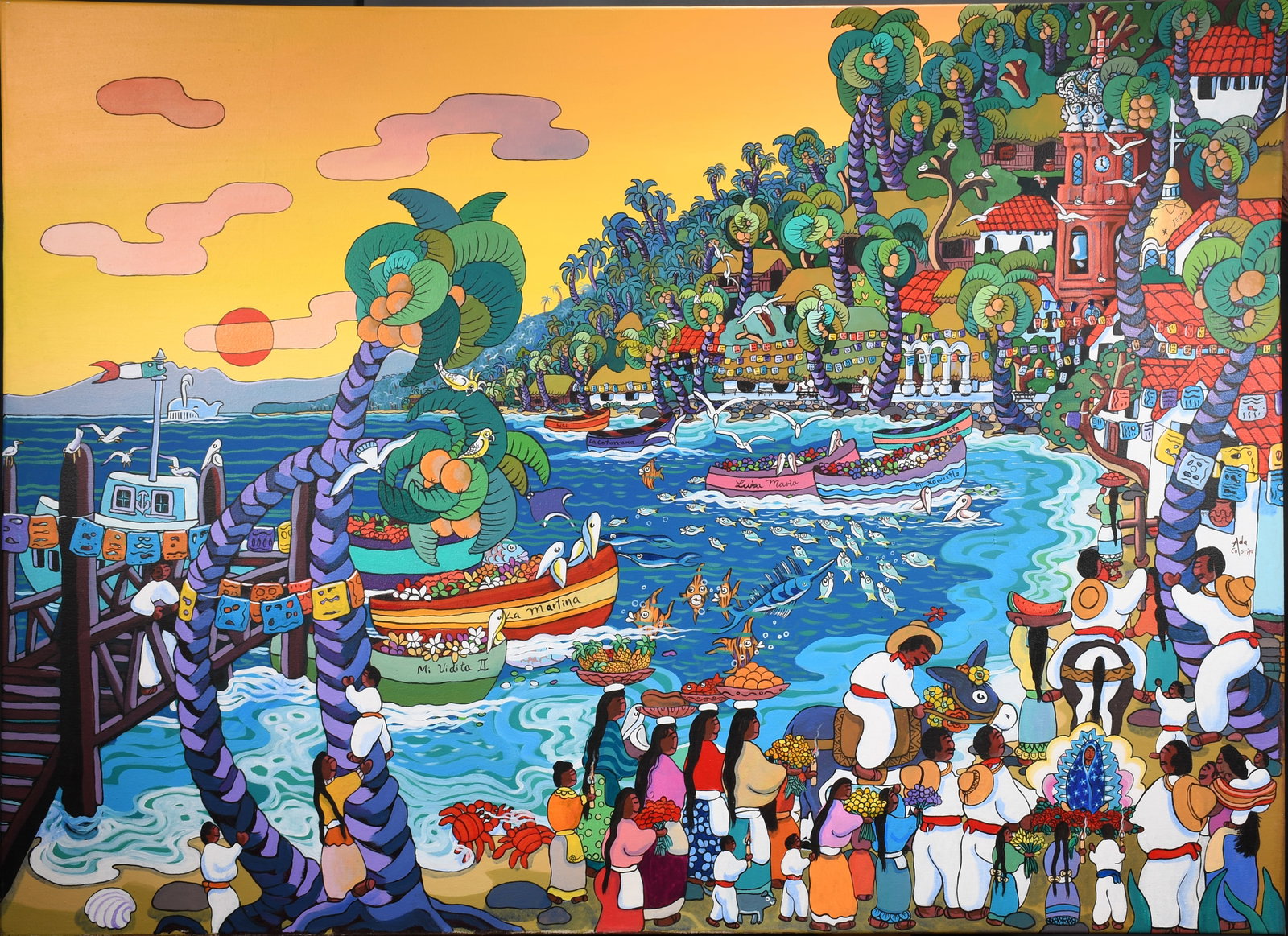 Ada Colorina. Latin American Colorful Village Scene.: Ada Colorina. b. 1970. Puerto Vallarta, Mexico. Latin American Colorful Village Scene. Signed. Not dated. Oil on canvas. Excellent condition. 73" w x 54" h. Very large. Est. $1,000-2,000. Buyer is res