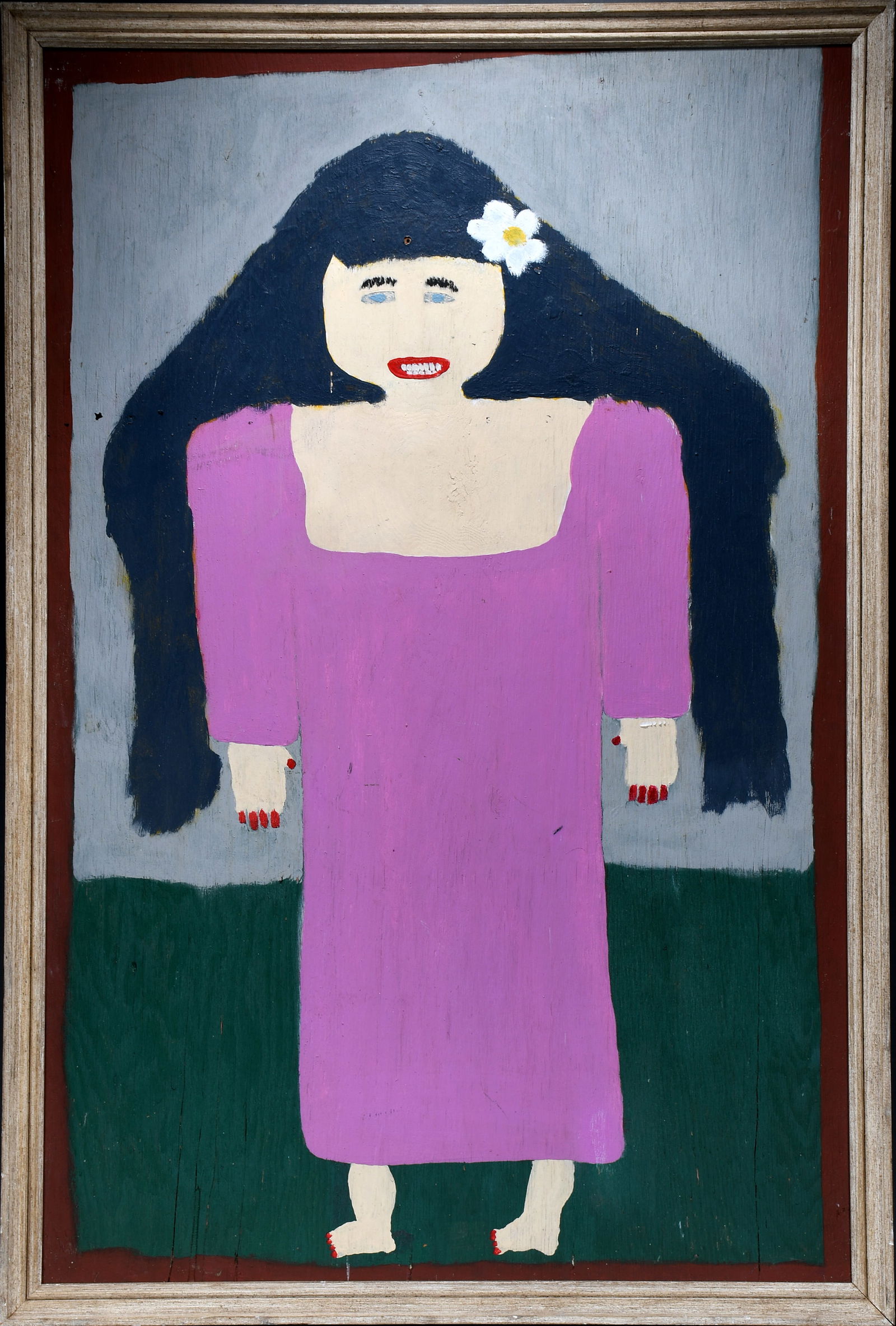 Jake McCord. Early Boxy Brunette in Purple and White Whale.: Jake McCord. (1948-2009). Double-Sided Early Boxy Brunette in Purple and White Whale. Paint on found board. Some surface grime, original holes in board and minor paint flaking on verso. Overall good e