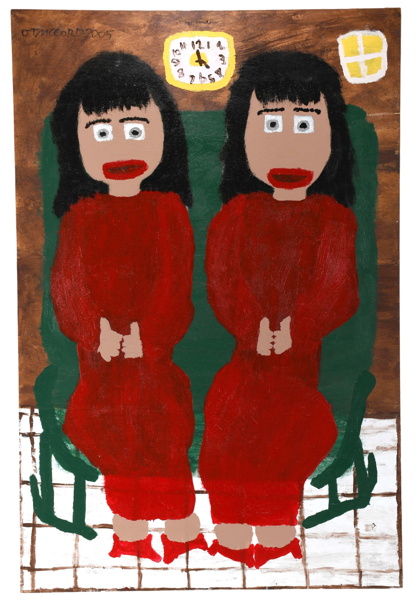 Jake McCord. Twins In Red Dresses.: Jake McCord. Twins In Red Dresses. 2005. Signed and dated. Paint on board. Excellent condition. 32" w x 48" h. Est. $500-800. Ship: $300
