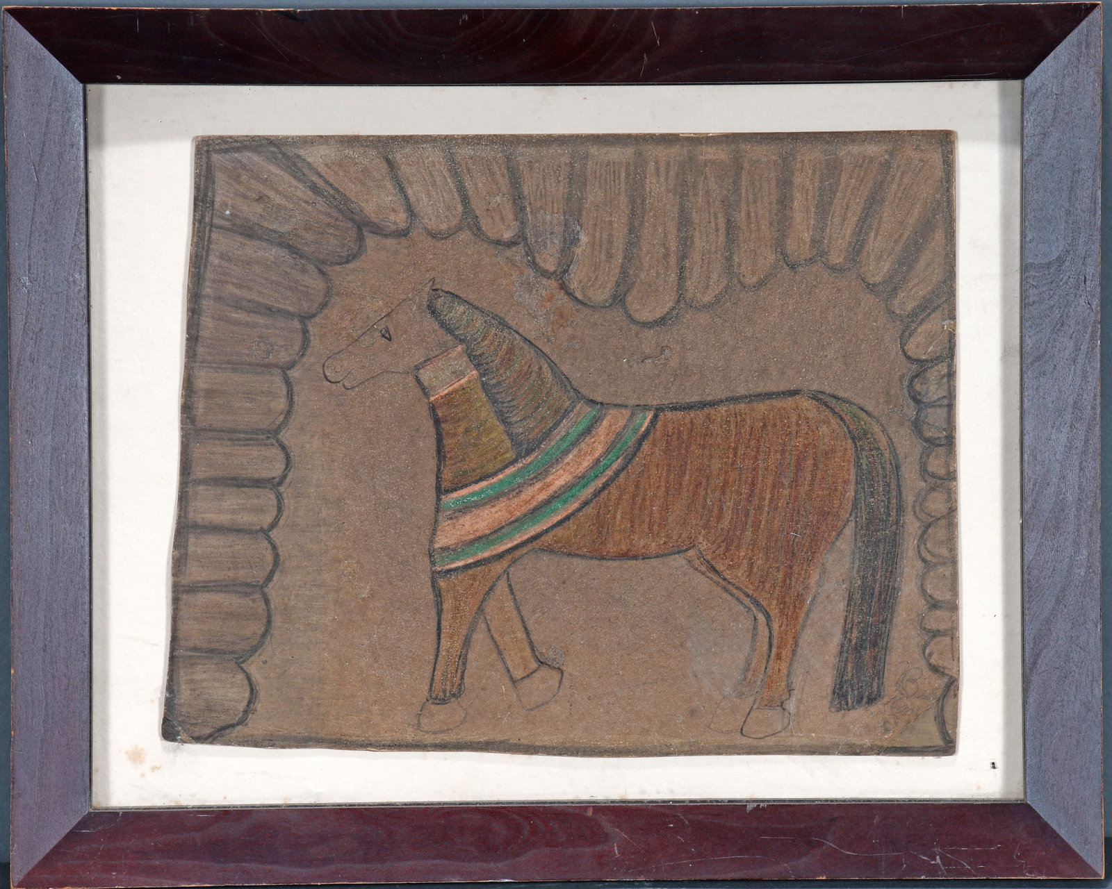 Beatrice Cantrell. Horse.: Beatrice Cantrell. Horse. Signed, but difficult to read. Graphite and crayon found cardstock. Artwork excellent condition. Frame glass has some rubs. Image is 13" w x 10" h. Frame is 18" w x 14" h. Pr