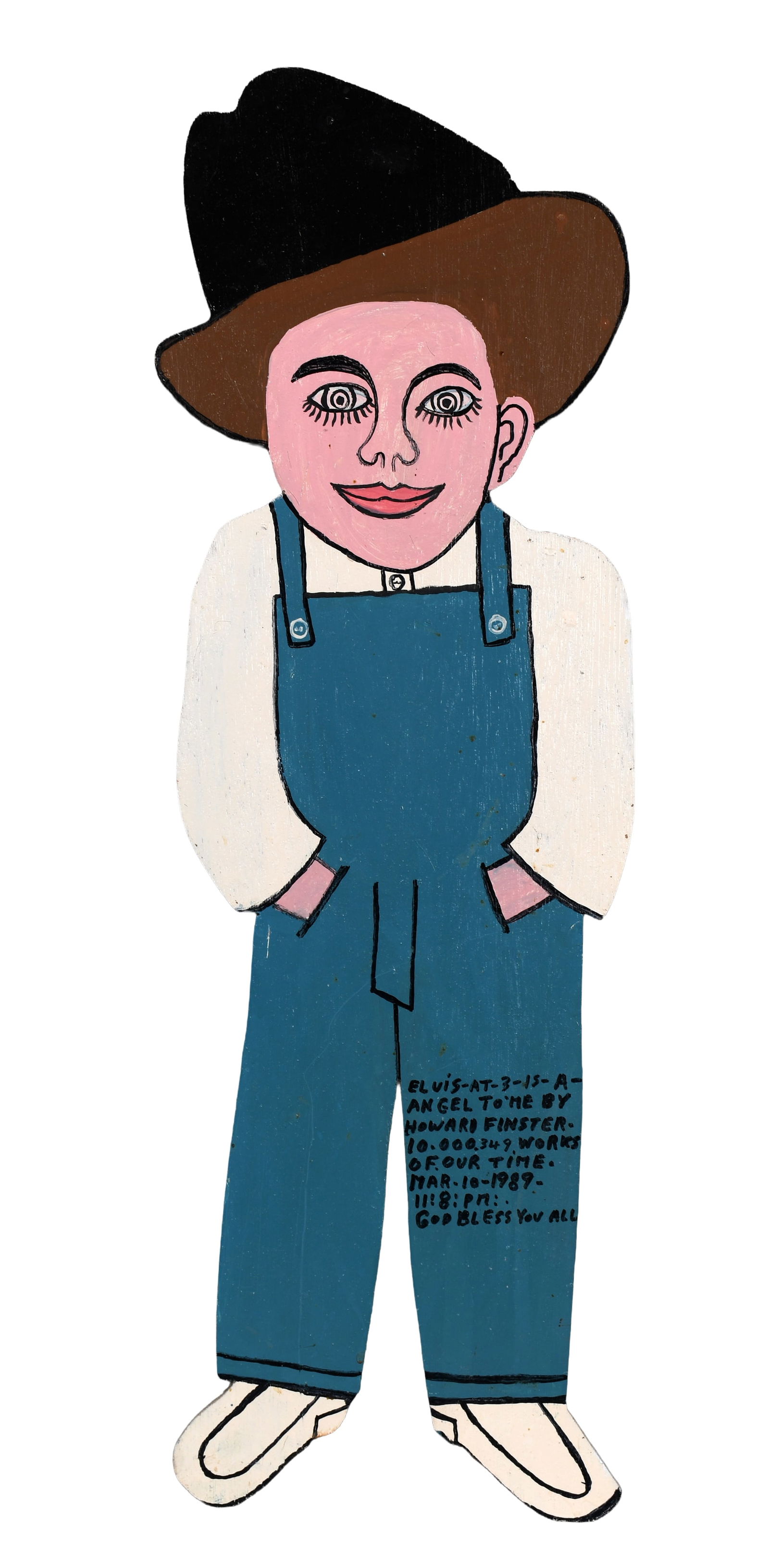 Howard Finster. Elvis at Three, #10,349.: Howard Finster. Elvis at Three, #10,349. 1989. Signed, dated, titled, numbered. Paint and marker on cutout board. Minor wear and surface grime otherwise good condition. 9" x 29". Est. $1,000-2,000. Sh