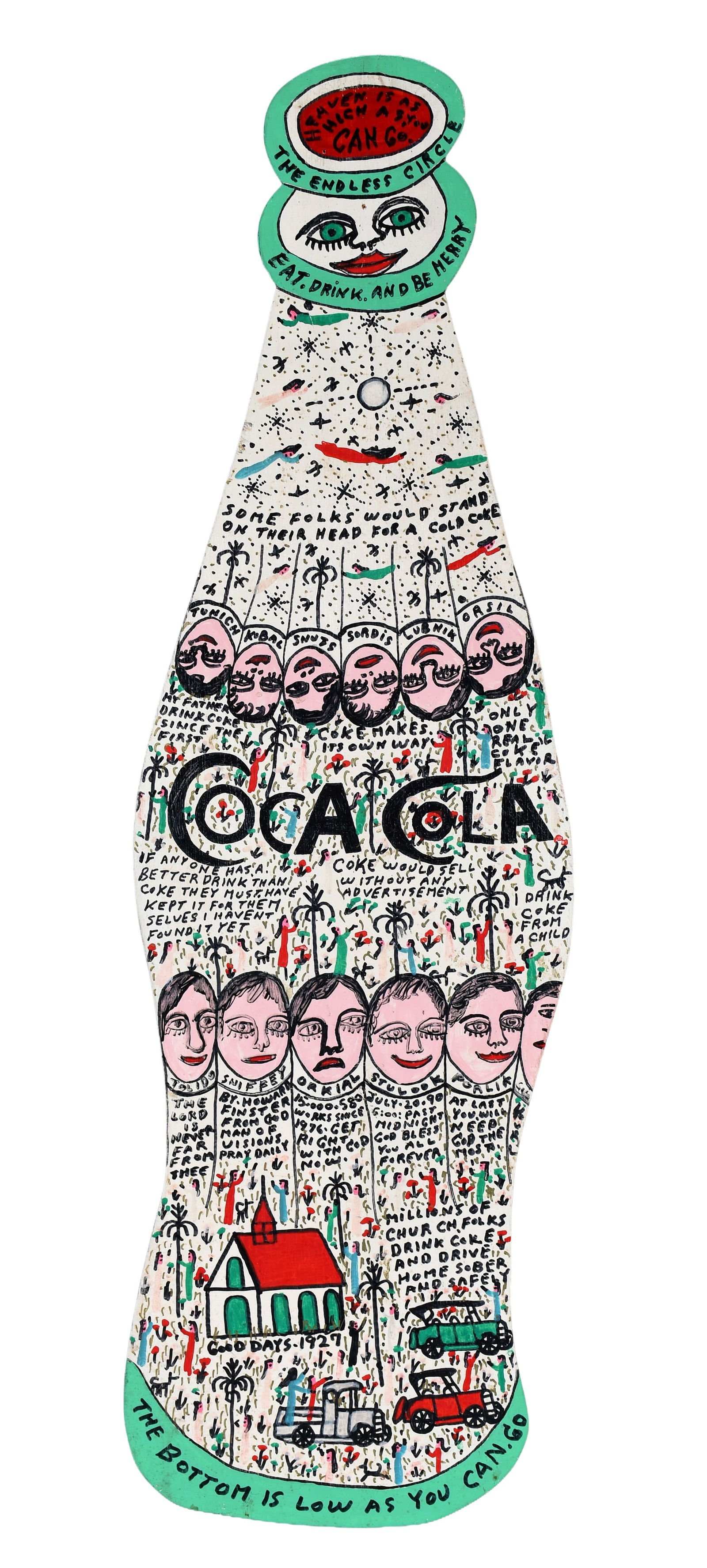Howard Finster. Coca Bottle, #15,580.: Howard Finster. Coca Bottle, #15,580. Signed, dated, titled and numbered. Paint and marker on cutout board. Excellent condition. 10.5" w x 34" h. Est. $1,000-3,000. Ship: $85