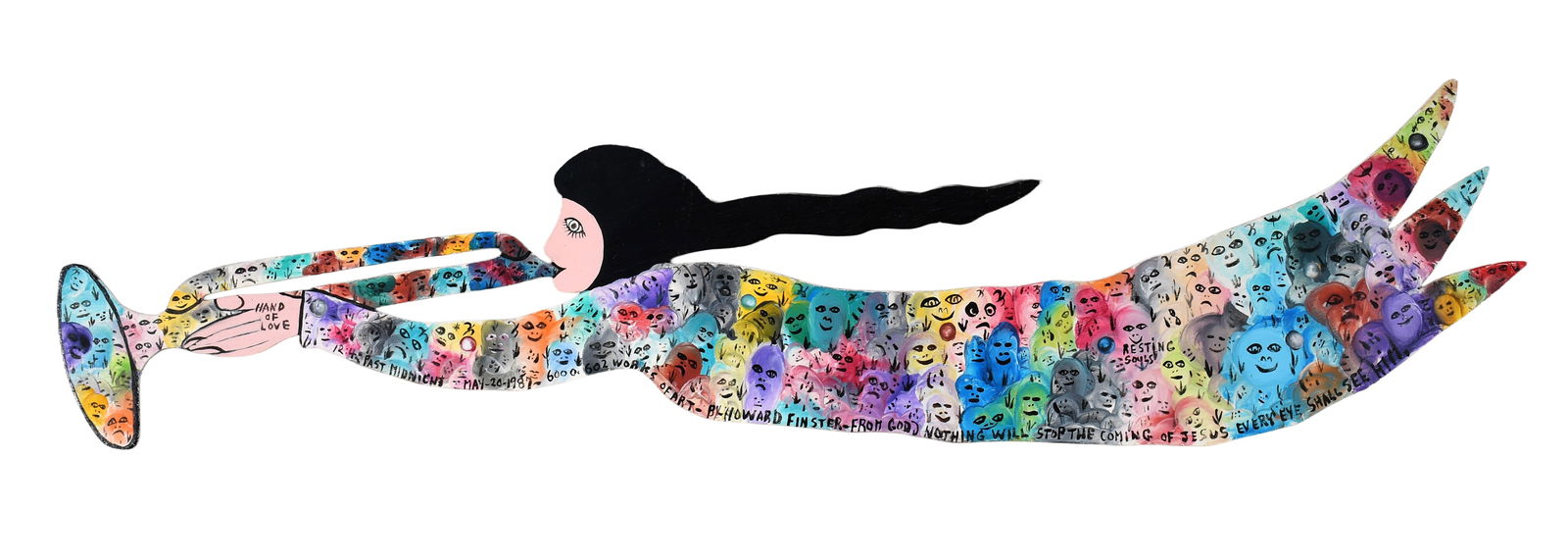 Howard Finster. Resting Souls Trumpeting Angel, #6,602.: Howard Finster. Resting Souls Trumpeting Angel, #6,602. 1986. Signed, dated, titled and numbered. Paint on cut out board. Excellent condition. 48" w x 10" h. Est. $2,000-3,000. Ship: $100