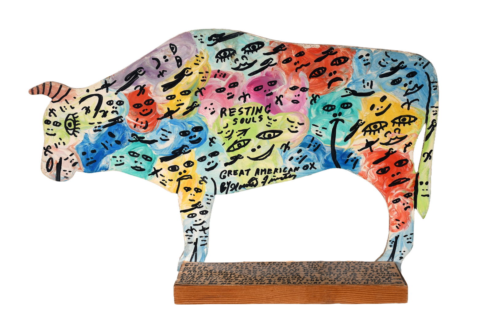 Howard Finster. Bull, #20,257.: Howard Finster. Bull, #20,257. 1991. Signed, dated and numbered. Paint and marker on cut out board with paper label base. Excellent condition. 16" w x 10" x 3.5". Est. $800-1,200. Ship: $55