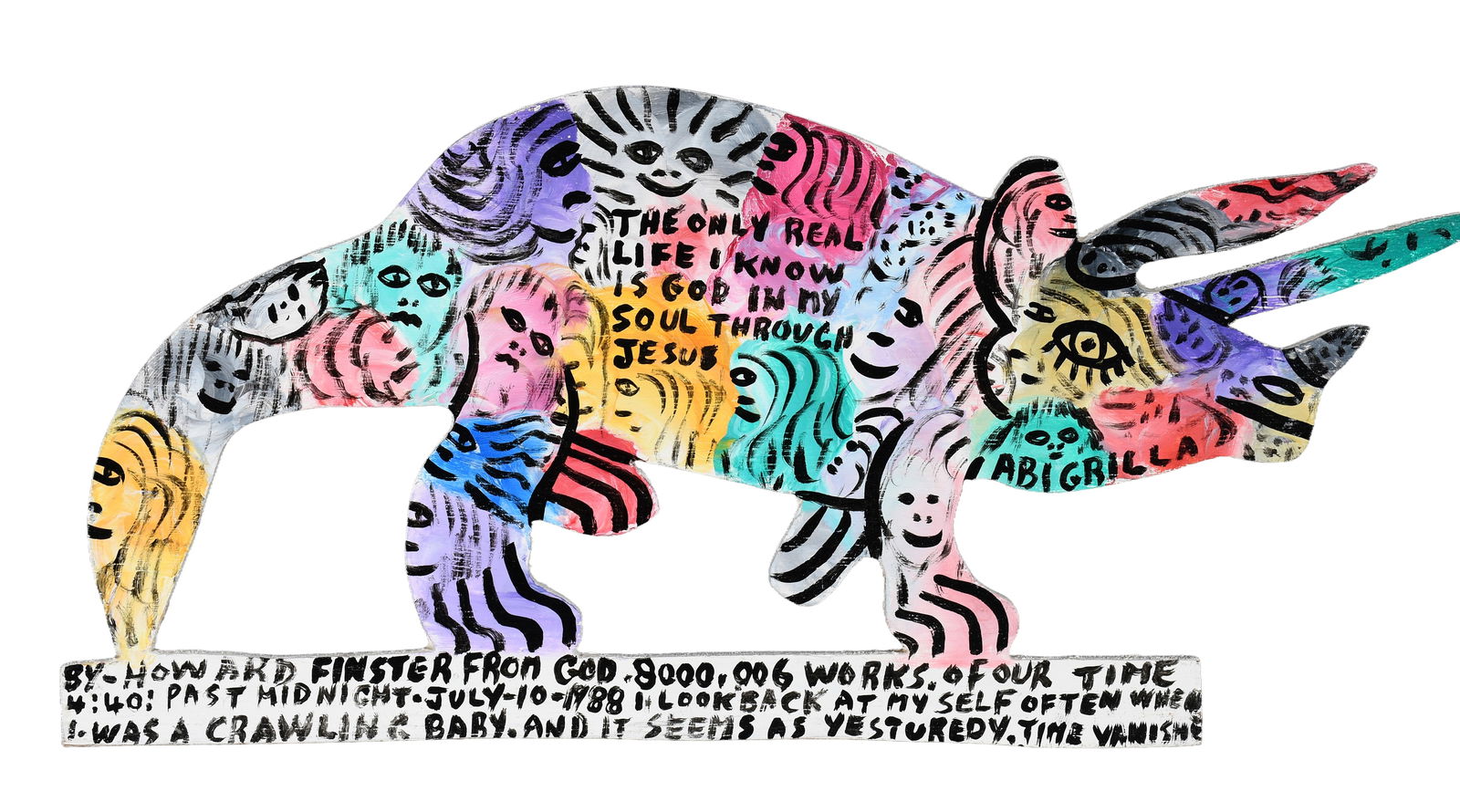 Howard Finster. Abigrilla, #8,006.: Howard Finster. Abigrilla, #8,006. 1988. Signed, dated, numbered and titled. Paint on cut out wood. Excellent condition. 15.5" w x 7.5" h. Est. $800-1,200. Ship: $45