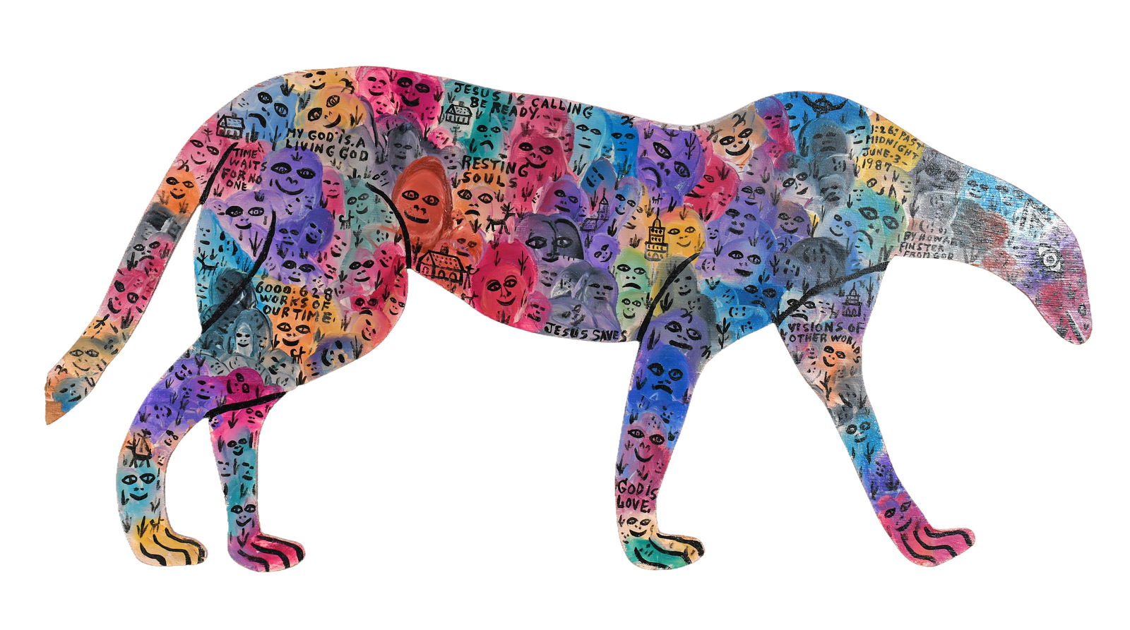 Howard Finster. Time Waits for No One, #6,628.: Howard Finster. Time Waits for No One, #6,628. 1987. Signed, dated, titled, numbered. Paint and marker on cut out board. Loss tip of tail otherwise good condition. 29" x 14.5". Provenance: Phyllis Kin