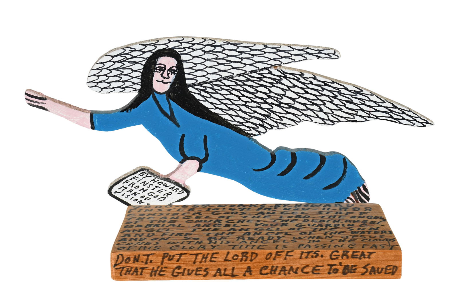 Howard Finster. Small Cutout Angel with Bible, #9,557.: Howard Finster. Small Cutout Angel with Bible, #9,557. 1988. Signed, dated, titled and numbered. Paint and marker on board. 10" x 4". Est. $400-600. Ship: $45