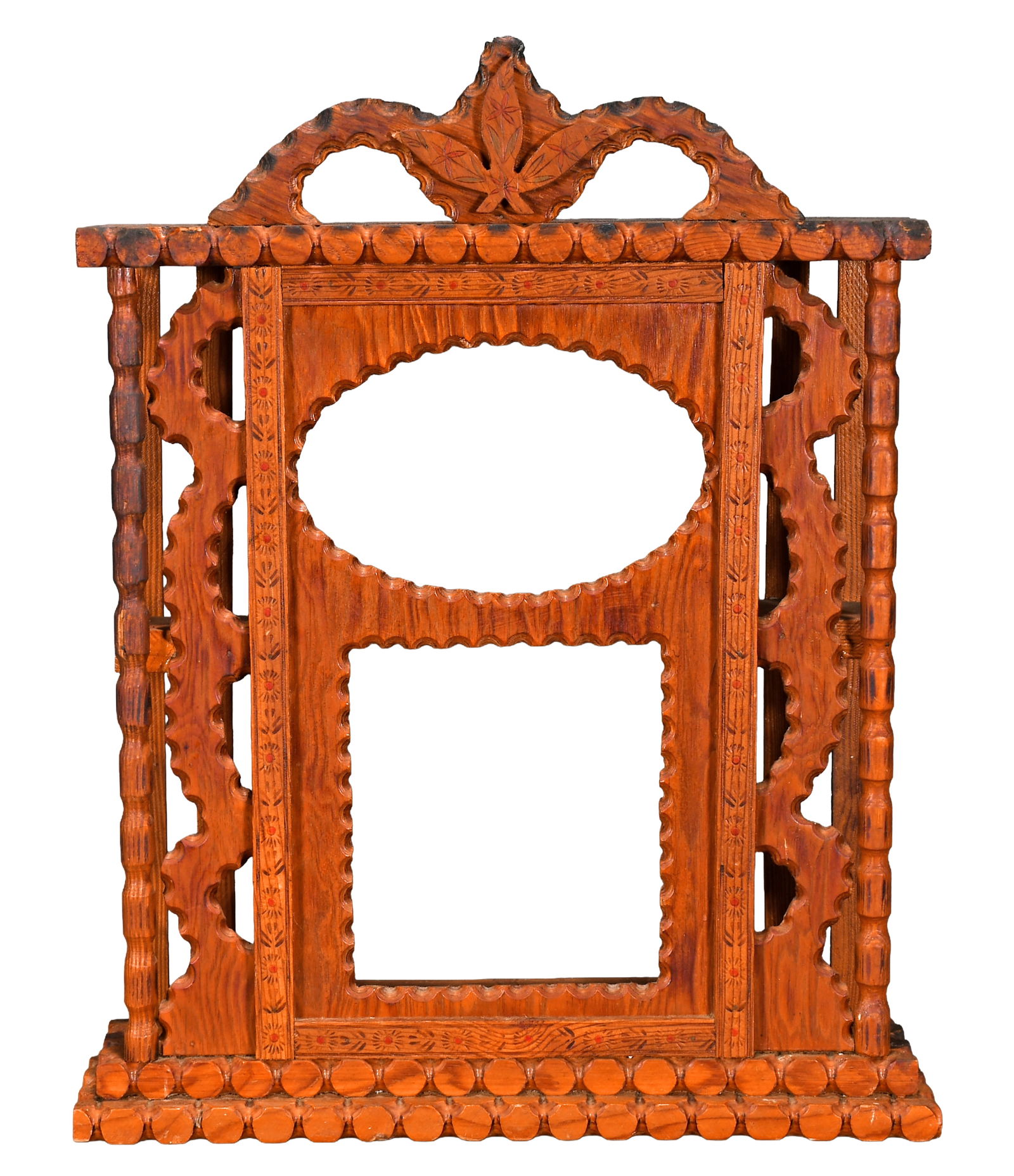 Howard Finster. Carved and Stained Wood burned Clock Case.: Howard Finster. Carved and Stained Wood burned Clock Case. Excellent condition. 18" w x 22. 5 h x 3.5" d. Est. $300-500. Ship: $85