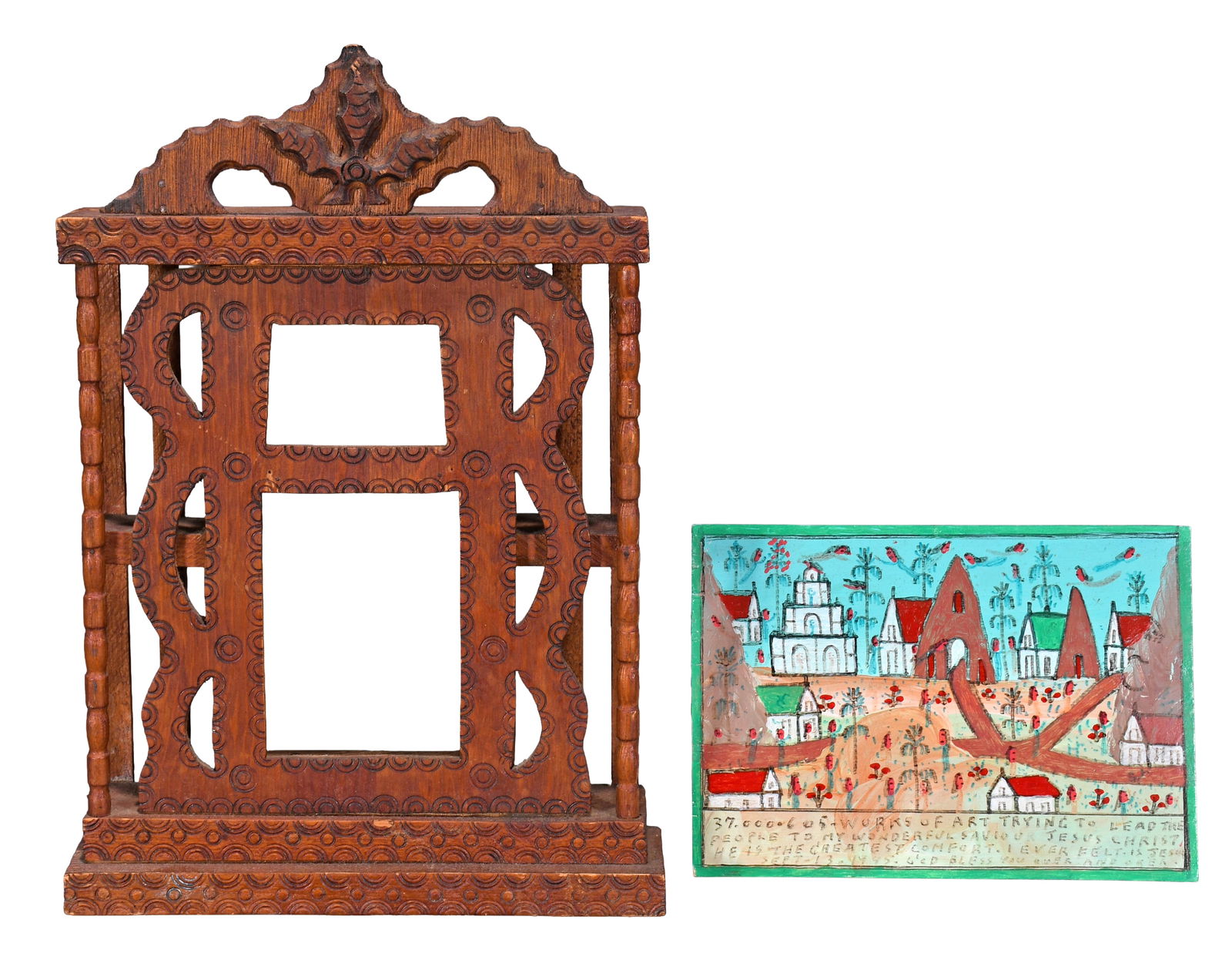 Howard Finster. Clock Case and Painting.: Howard Finster. Clock Case and Painting. 1995. #37,605. Painting is signed, dated, numbered. Paint and marker. Faded, overall good condition. 10.5" x 7.5". Clock case is signed, wood burned carved con