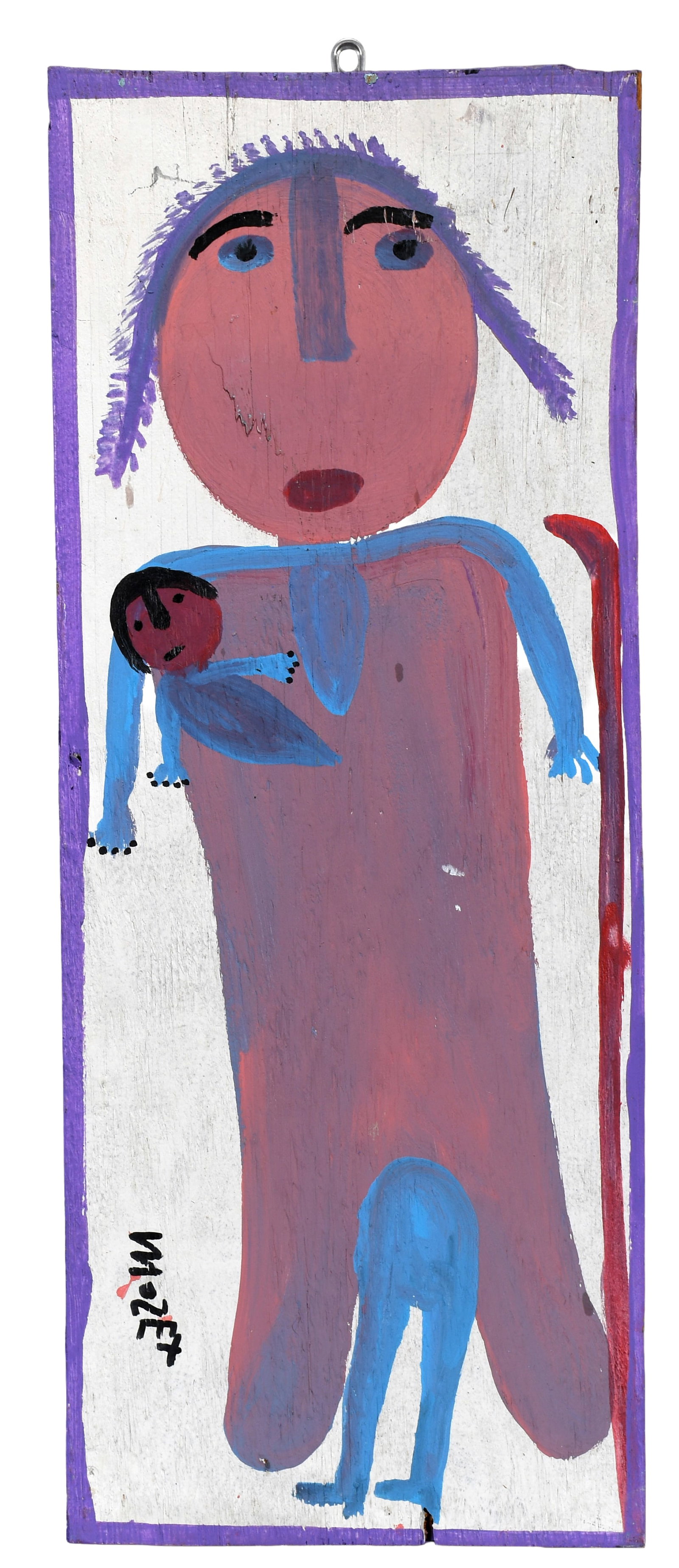 Mose Tolliver. Mother and Child.: Mose Tolliver. Mother and Child. Signed. Paint on board. Surface wear and grime, wood split in back, otherwise good to fair condition. 11" w x 29" h. Est. $300-500. Ship: $75