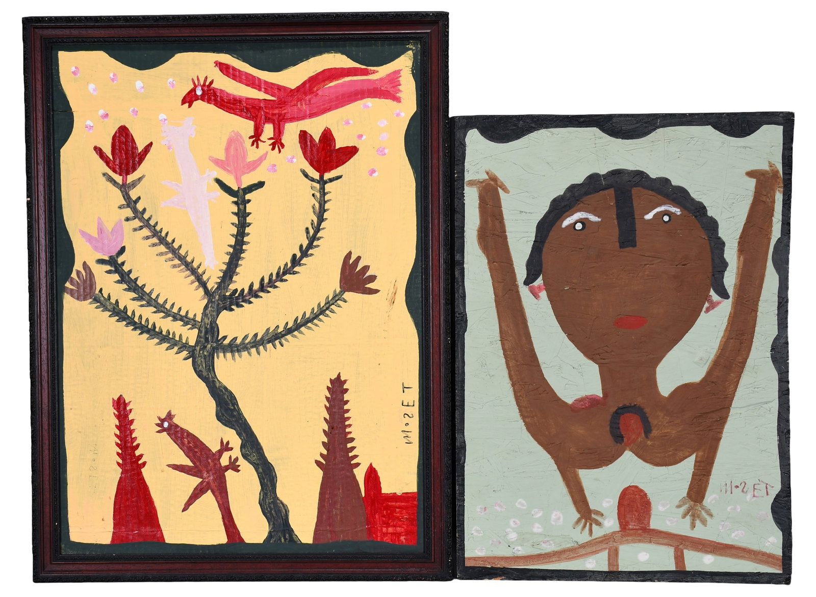 Mose Tolliver. Pair of Paintings.: Mose Tolliver. Pair of Paintings. Both are signed. Paint on mixed media. Minor surface wear, otherwise good condition. Largest is 20" w x 27" h including frame. Est. $400-600. Ship: $85