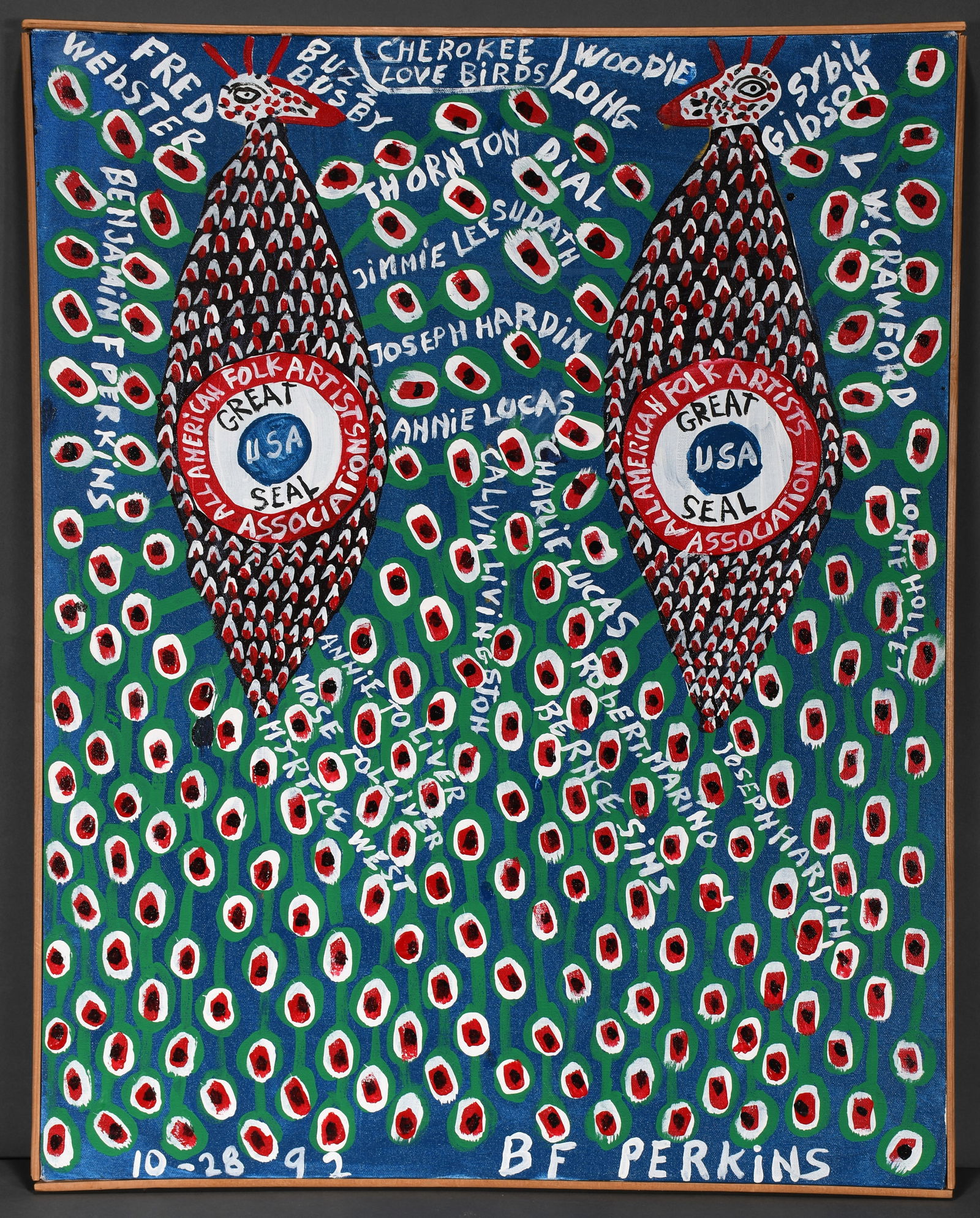 B.F. Perkins. Cherokee Love Birds with Alabama Folk Artists' Names. (1 of 5)