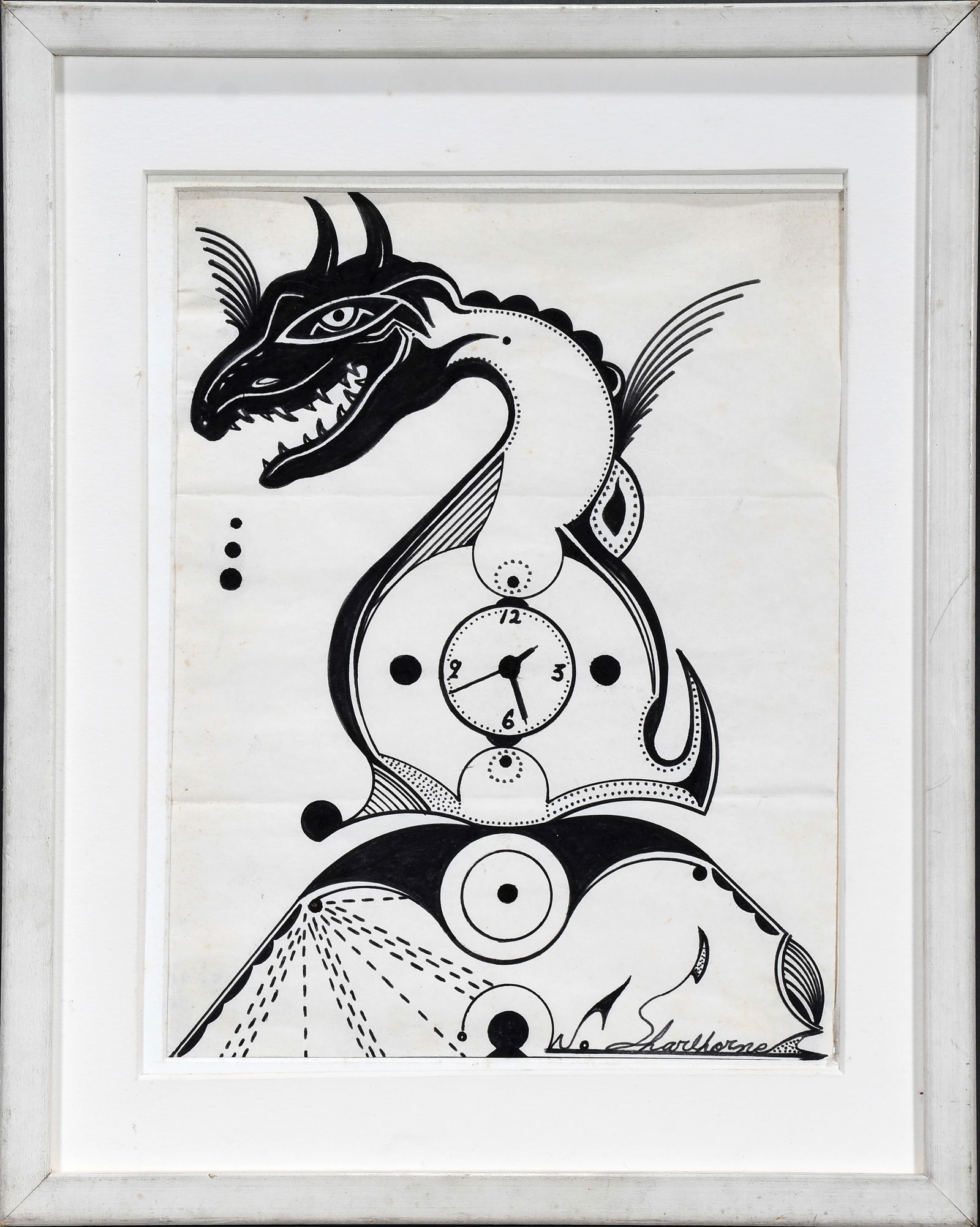 Welmon Sharlhorne. Dragon Clock.: Welmon Sharlhorne. Dragon Clock. Signed. Ink on found paper. Excellent condition. Frame is 12" w x 15" h. Est. $300-500. Ship: $45