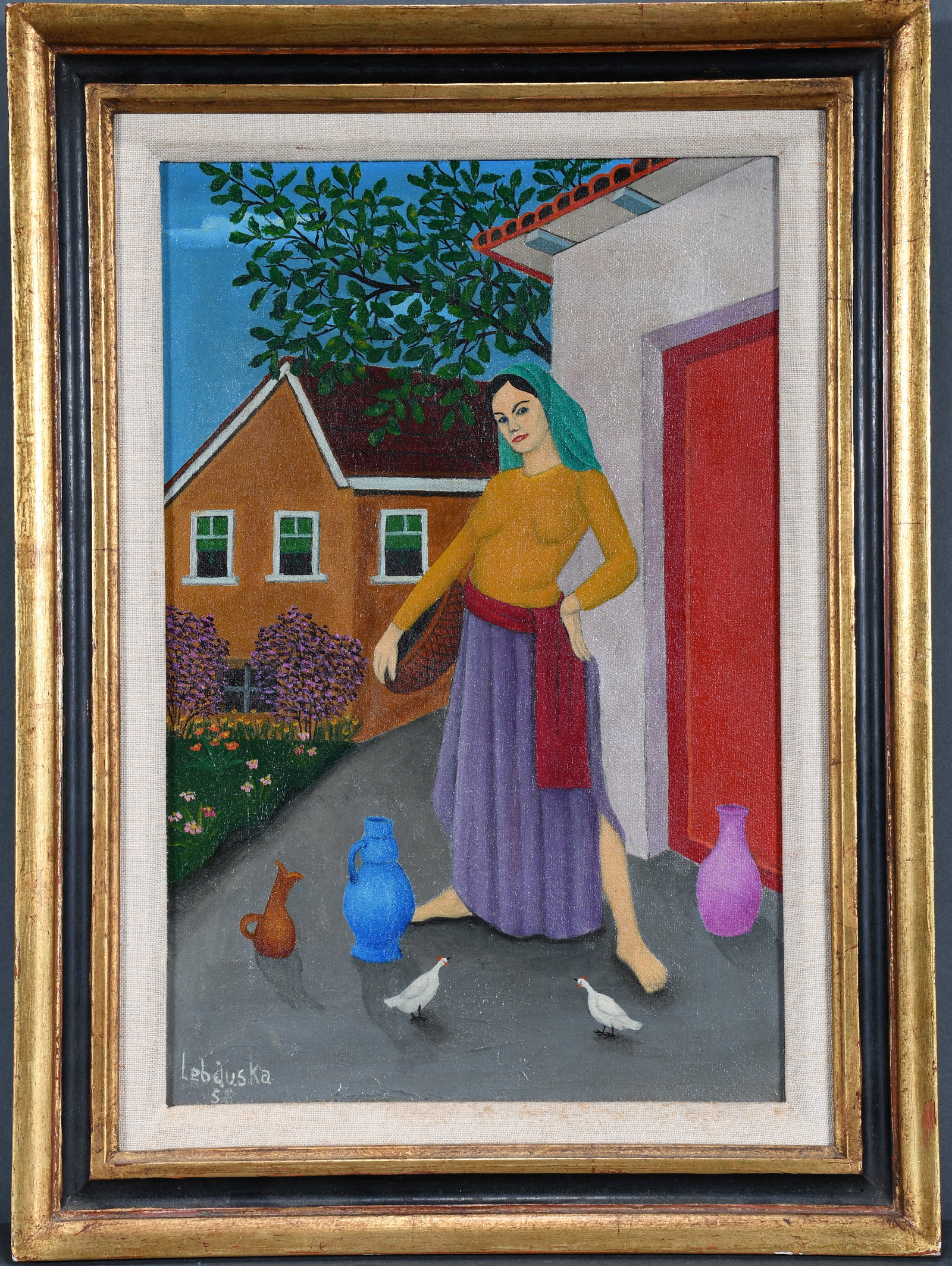 Lawrence Lebduska. Woman with Water Pitcher.: Lawrence Lebduska. Woman with Water Pitcher. 1958. Signed and dated. Oil on canvas. Excellent condition. Image is 10.5" w x 16" h. Frame is 14" w x 19" h. Provenance: Galerie St. Etienne. Est. $500-80