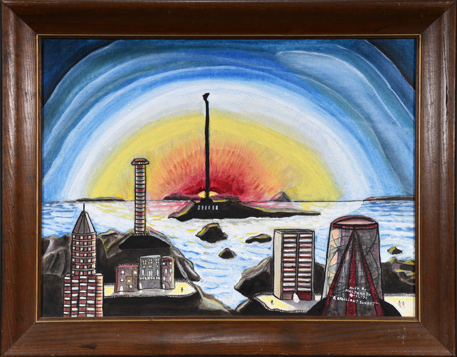 Alex Maldonado. A Brillant Sunset.: Alex Maldonado. A Brillant Sunset. 1972. Signed, dated and titled. Oil on canvas. Excellent condition. Frame is 28" w x 22" h. Provenance: Richard Gasperi and James Resko Collection. Est. $500-800. Sh