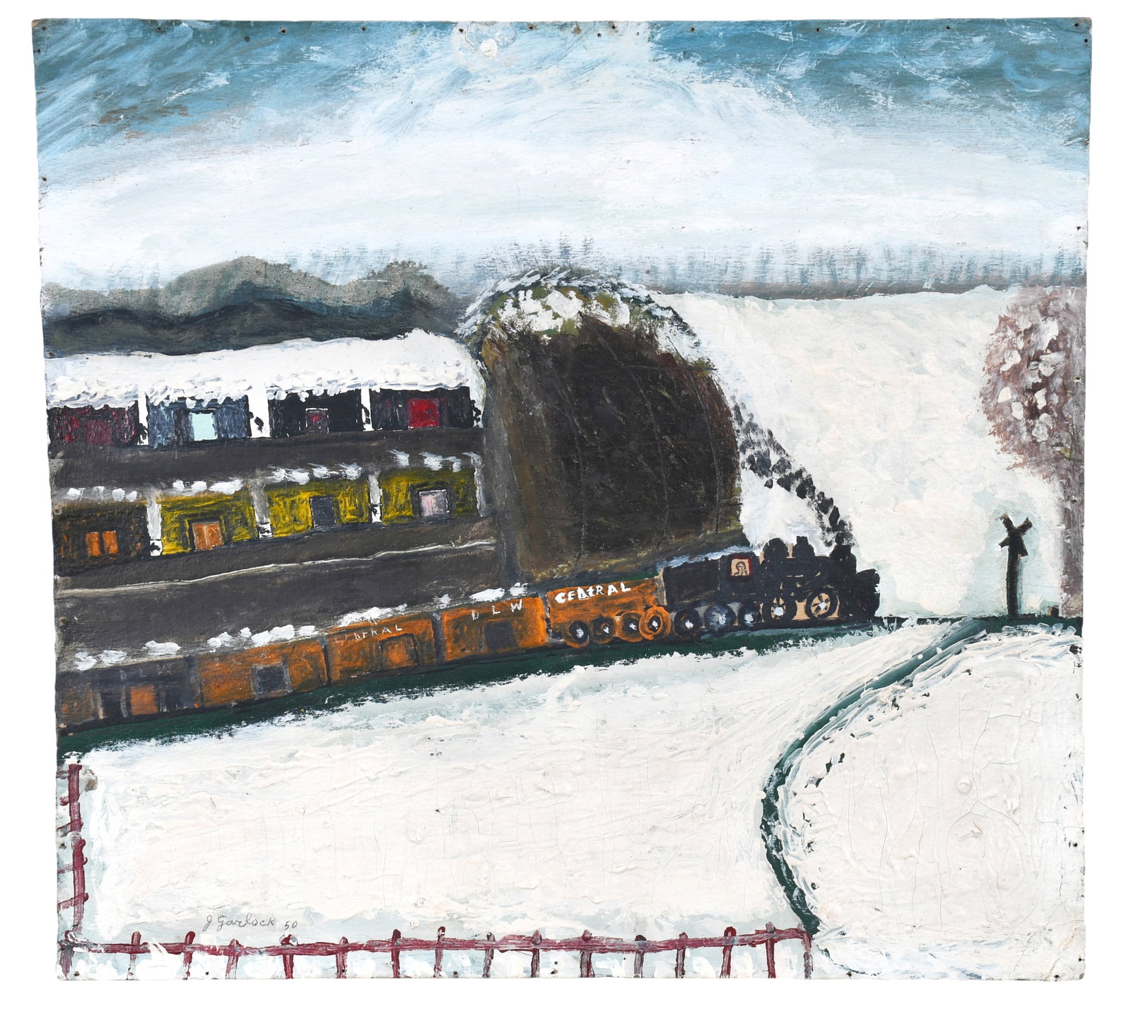 Joseph Garlock. DLW Central Train.: Joseph Garlock. DLW Central Train. 1950. Signed, dated and titled. Oil on found cardstock. Minor crazing, original nail holes on edges, otherwise good condition. 20" w x 19" h. Unframed. Provenance: S