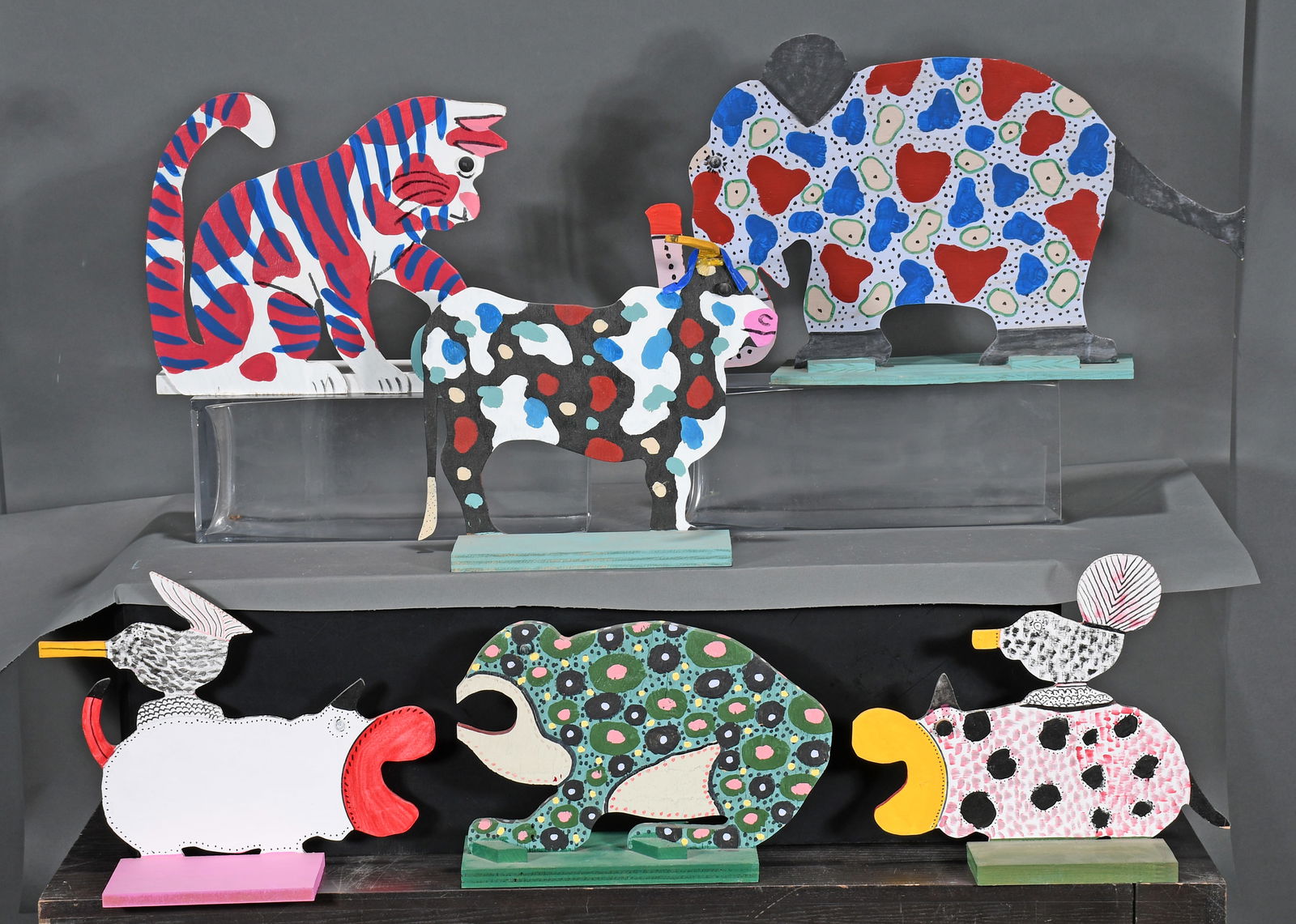 Marvin Finn. Six Fantasy Animals.: Marvin Finn. (1913-2007). Six Fantasy Animals. 2000-2005. Some are signed and dated. Paint on cut out wood. Some minor separations and loss, otherwise good to great condition. Average size is 18" long