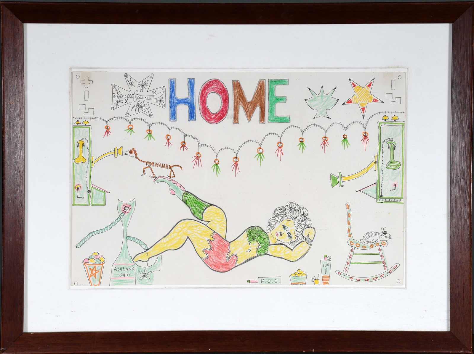 Lewis Smith. Home.: Lewis Smith. (1907-1998). Home. Not signed. Titled. Colored pencil and ink on paper. Minor toning on edges, otherwise excellent condition. Image is 17" w x 11" h. Frame is 23.5" w x 18" h. Est. $300-5
