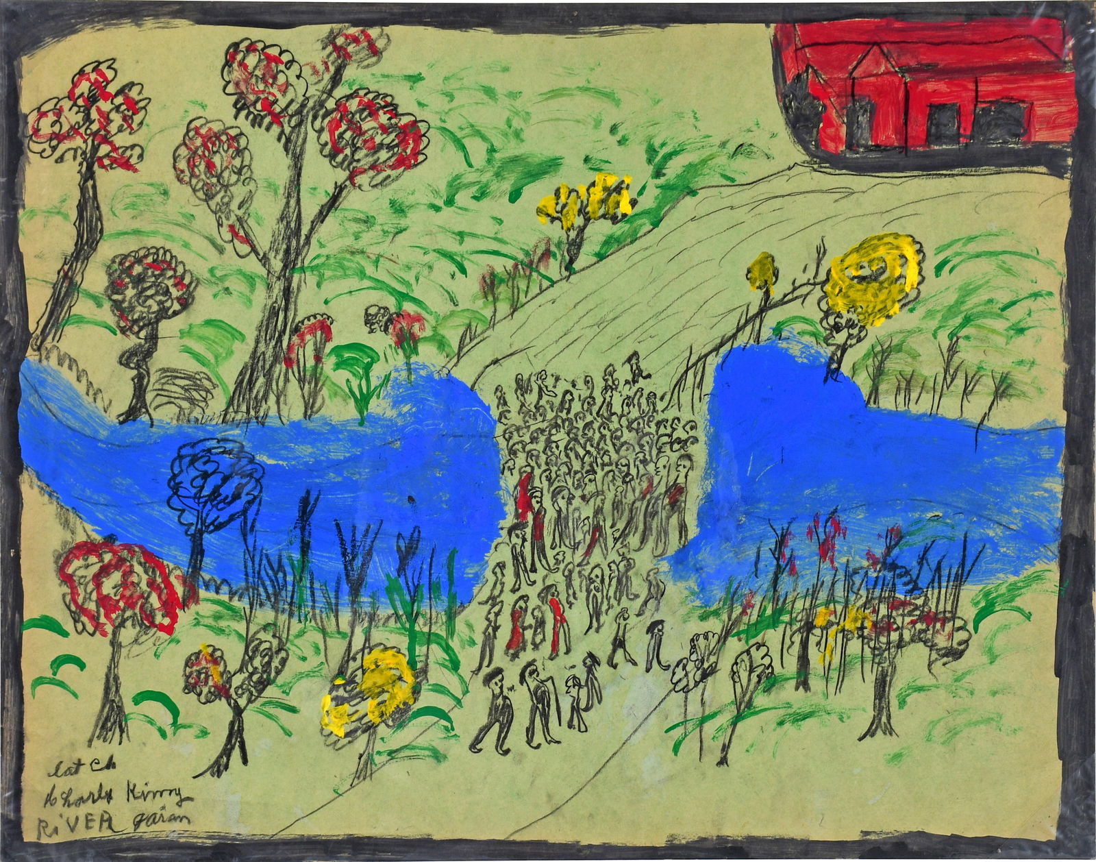 Charley Kinney. River.: Charley Kinney. River. Signed and titled. Paint and crayon on poster. Excellent condition. 28" w x 22" h. Est. $500-800. Ship: $75