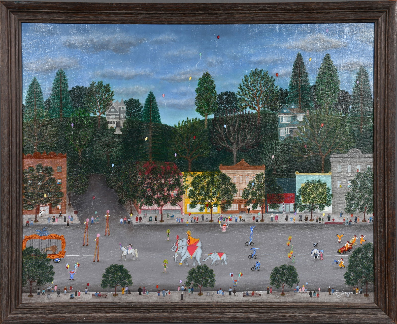 L. Jenson. Circus Coming to Town.: L. Jenson. Circus Coming to Town. 1988. Signed and dated. Oil on canvas. Excellent condition. Frame is 31" w x 25" h. Est. $800-1,200. Ship: $85