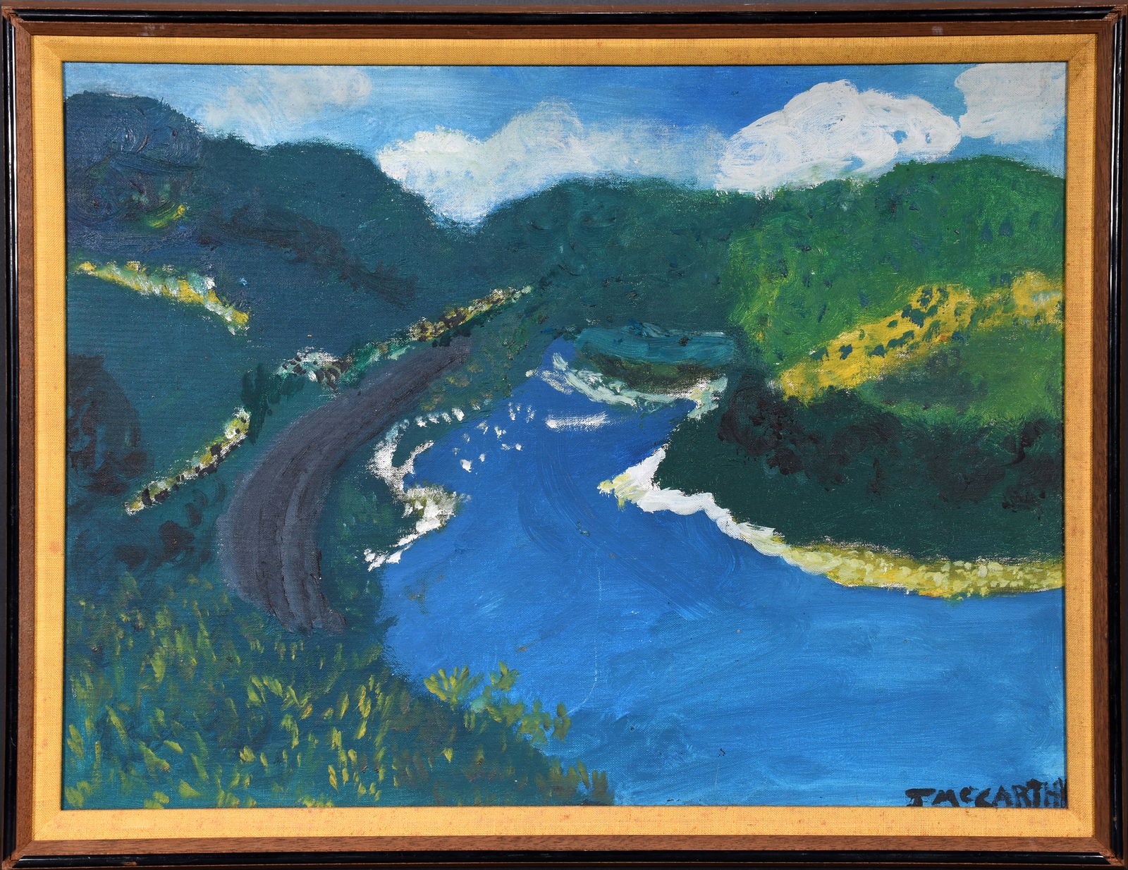 Justin McCarthy. River Scene.: Justin McCarthy. River Scene. Signed. Oil on canvas panel. Minor rub middle bottom otherwise excellent condition. Frame is 26" w x 20" h. Est. $800-1,200. Ship: $65