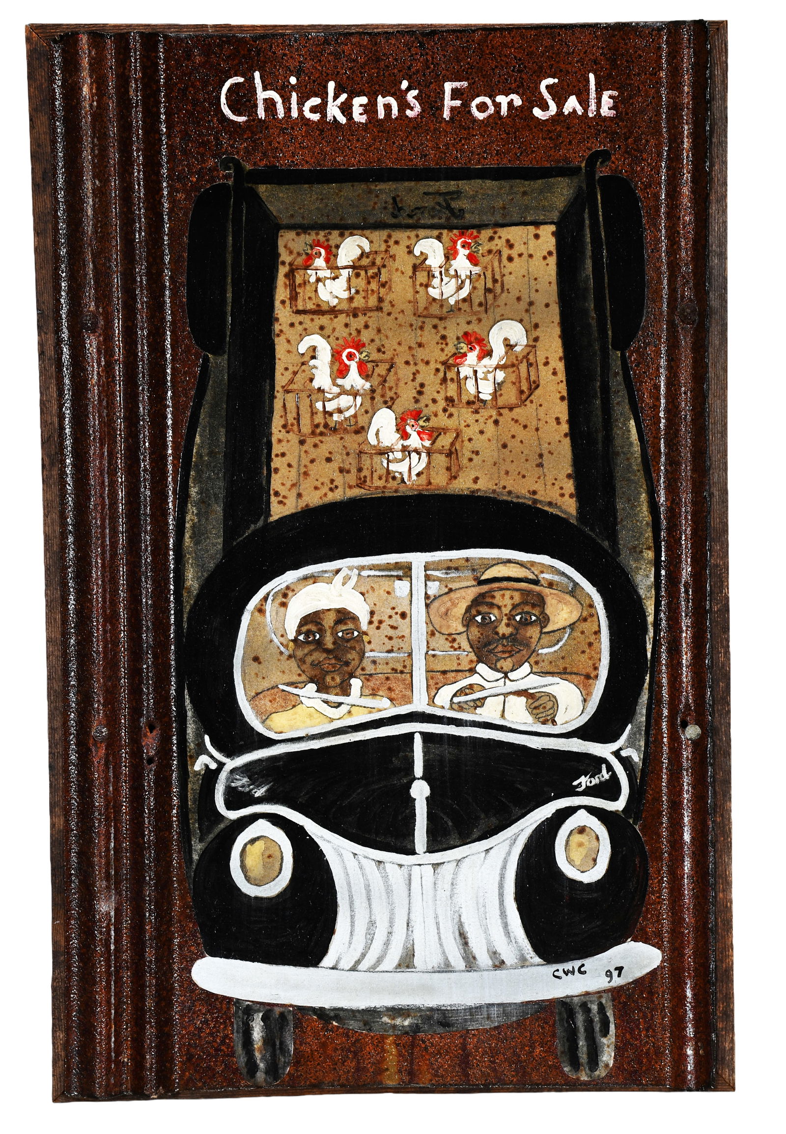 C.W. Conner. Chickens for Sale.: C.W. Conner. (1939-2020). Chickens for Sale. 1997. Signed, dated and titled. Mixed media on tin. Excellent condition. 14.5" w x 23" h. Est. $200-300. Ship: $55