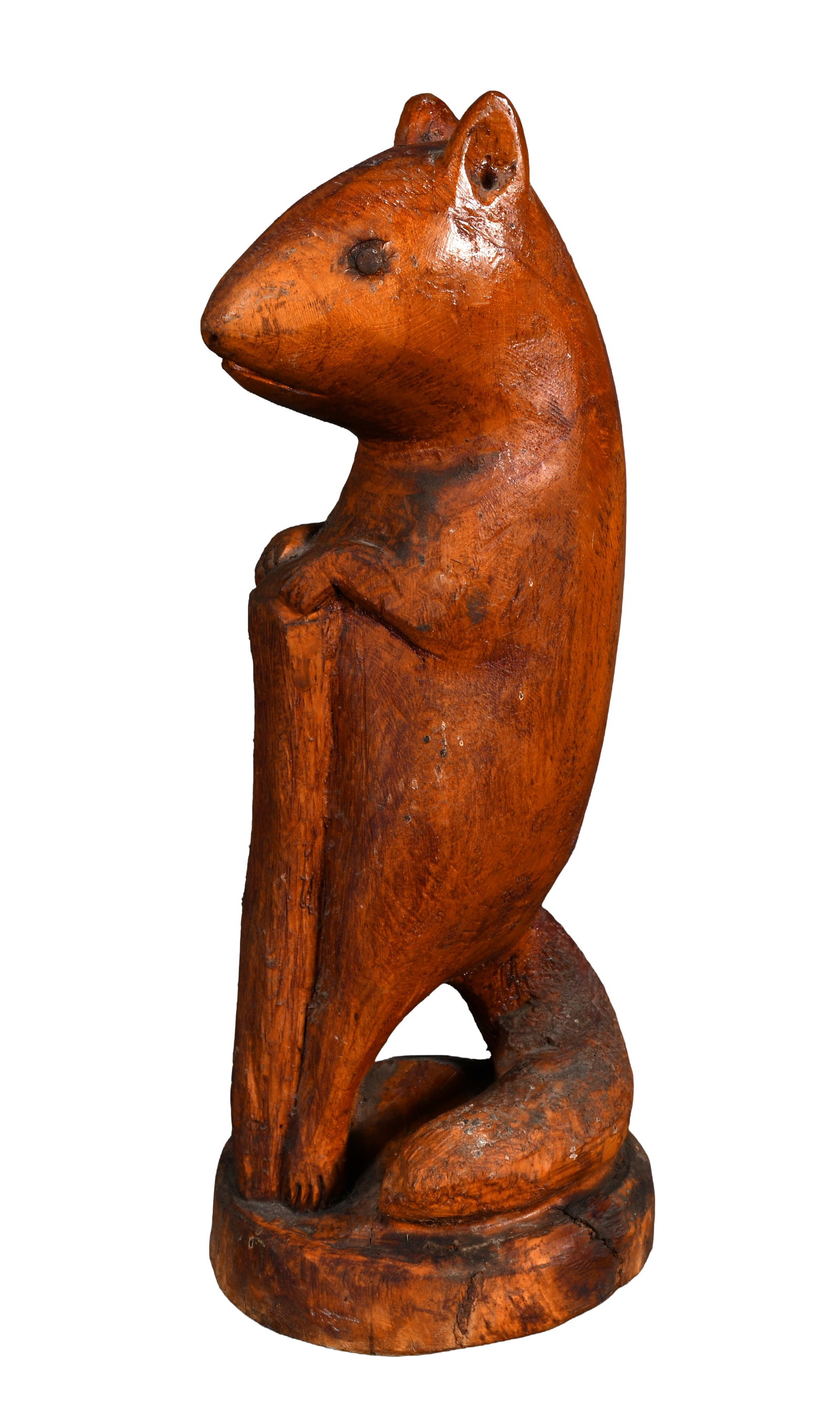 Silvio P. Zoratti. Chipmunk Up Stump.: Silvio P. Zoratti. (1896-1992). Chipmunk Up Stump. 1965. Signed, dated and titled. Carved and stained wood. Natural wood split, otherwise excellent condition. 10.5" h. Est. $300-500. Ship: $45