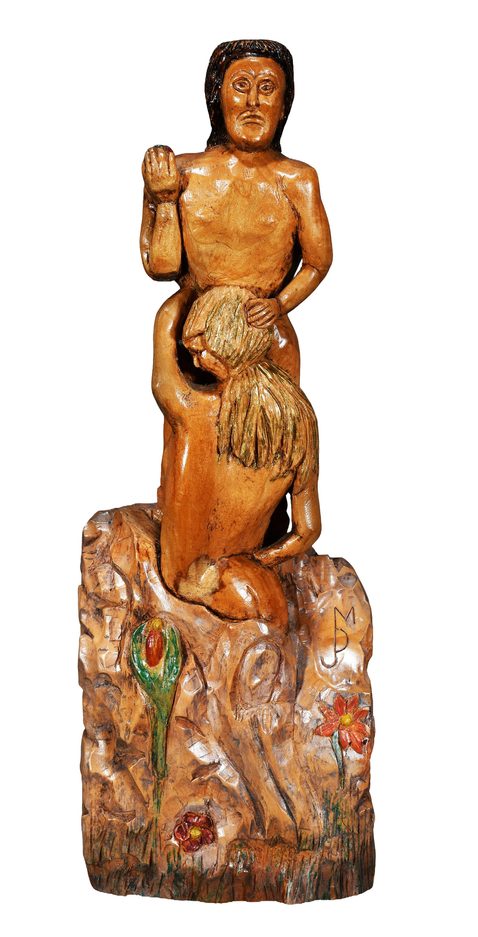 Semi-Erotic Adam and Eve Carving.: Artist Unknown. Semi-Erotic Adam and Eve Carving. 1961. Initialed and dated. Carved and painted wood. Excellent condition. 18" x 6.5" x 3.5". Est. $200-400. Ship: $65