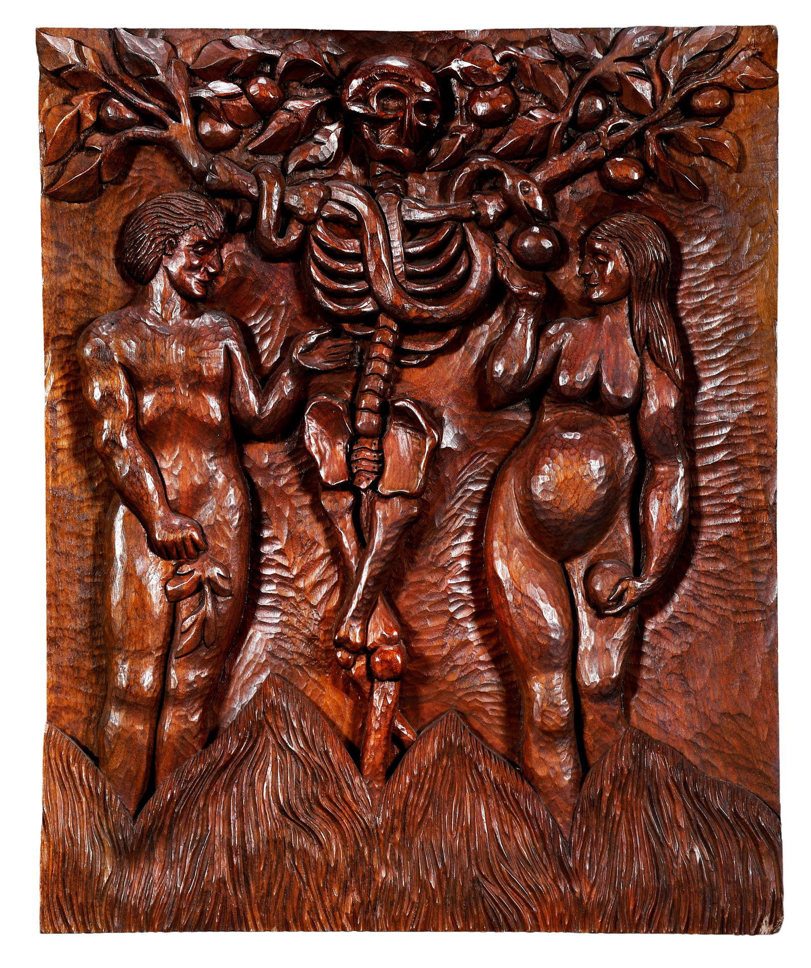 Joseph Rupp. Adam and Eve.: Joseph Rupp. (1928-2022). Adam and Eve. Initialed on verso. Carved and stained wood-relief plaque. Minor dent lower right corner, otherwise excellent condition. 17" w x 21" h. Est. $500-800. Ship: $75