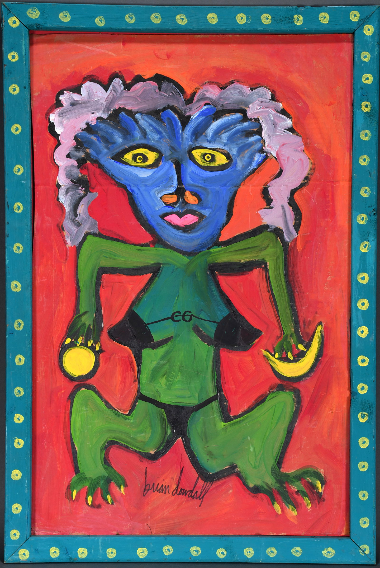 Brian Dowdall. Woman In Bikini.: Brian Dowdall. (1948-2018). Woman In Bikini. Signed. Paint on found cardboard with artist-decorated frame. Excellent condition. 22" w x 33" h. Est. $100-300. Ship: $85