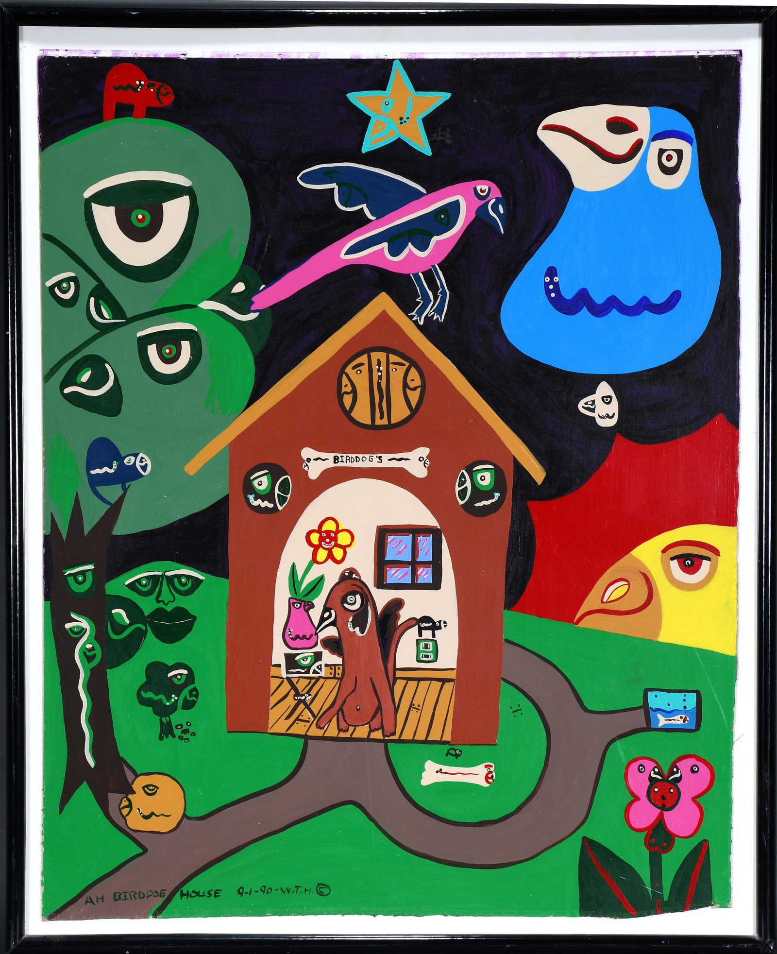 Walter Tiree Hudson. Birddog House.: Walter Tiree Hudson. Birddog House. 1990. Initialed, dated and titled. Acrylic on art board. Artwork is in excellent condition. Needs to be re-adjusted in frame. Image is 24" w x 30" h. Frame is 27" w
