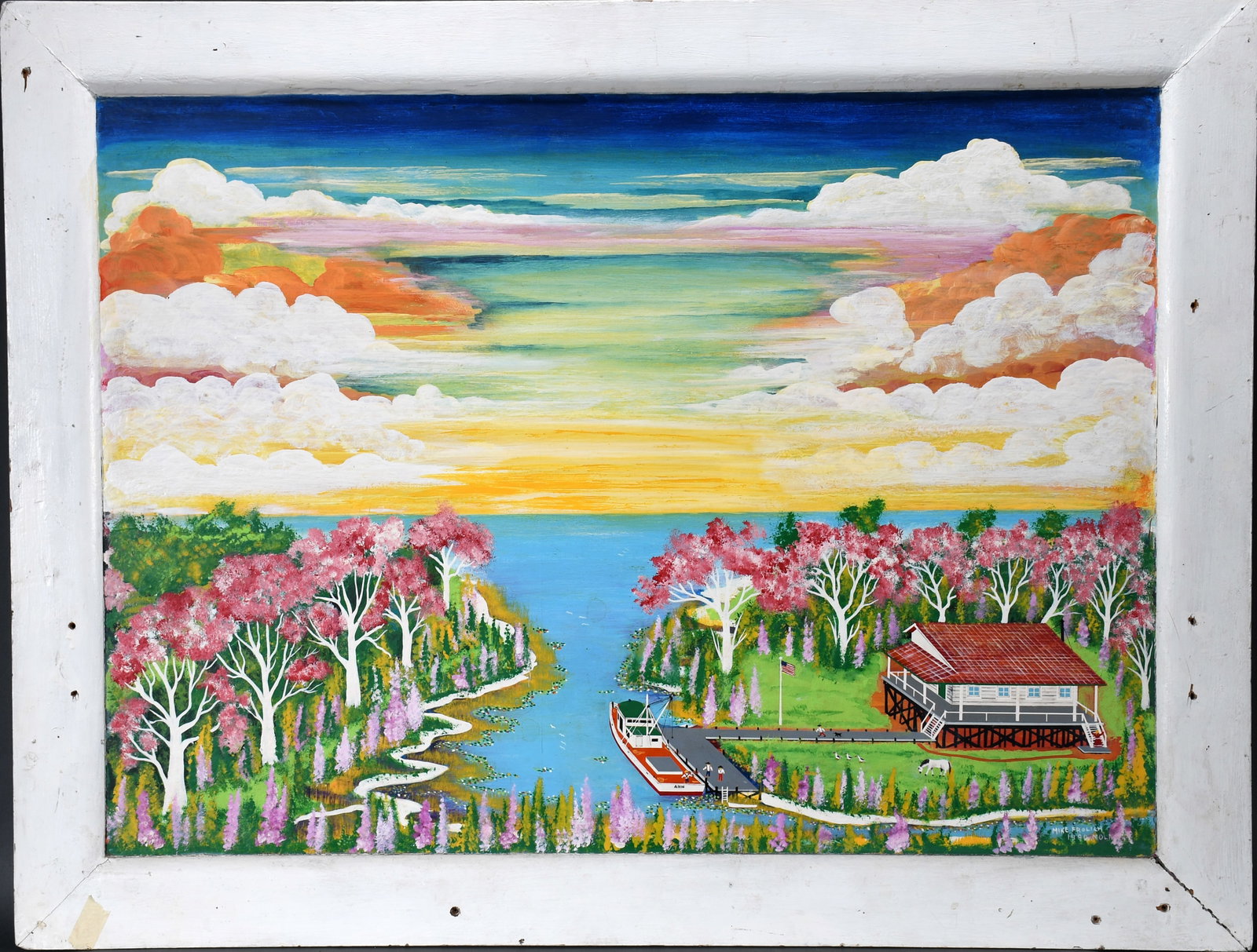 Mike Frolich. Camp Homestead.: Mike Frolich. (1922-1997). Camp Homestead. 1990. Signed and dated. Oil on board. Excellent condition. 44" w x 34" h. Provenance: Richard Gasperi and James Resko. Est. $300-500. Ship: $500