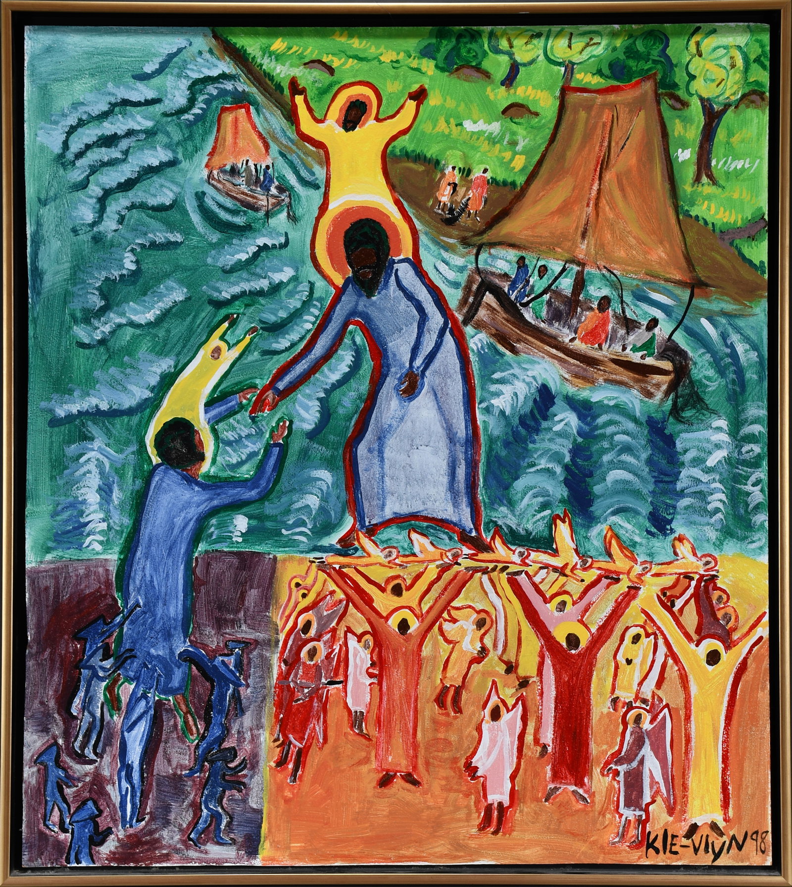 Kle-Vlyn. Christ Rescuing Peter from the Sea.: Kle-Vlyn. Christ Rescuing Peter from the Sea. 1998. Signed, dated and titled. Paint on paneling. Excellent condition. 34" w x 38.5" h with frame. Est. $200-400. Ship: $150