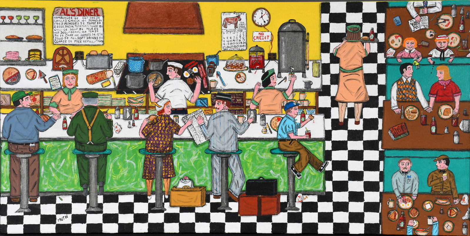 Marcia Muth. Ed's Diner.: Marcia Muth. Ed's Diner. Signed and titled. Paint on canvas. Excellent condition. 24" w x 12" h. Est. $300-500. Ship: $55 Apologies, but we had the wrong photo and size in the original listing for thi