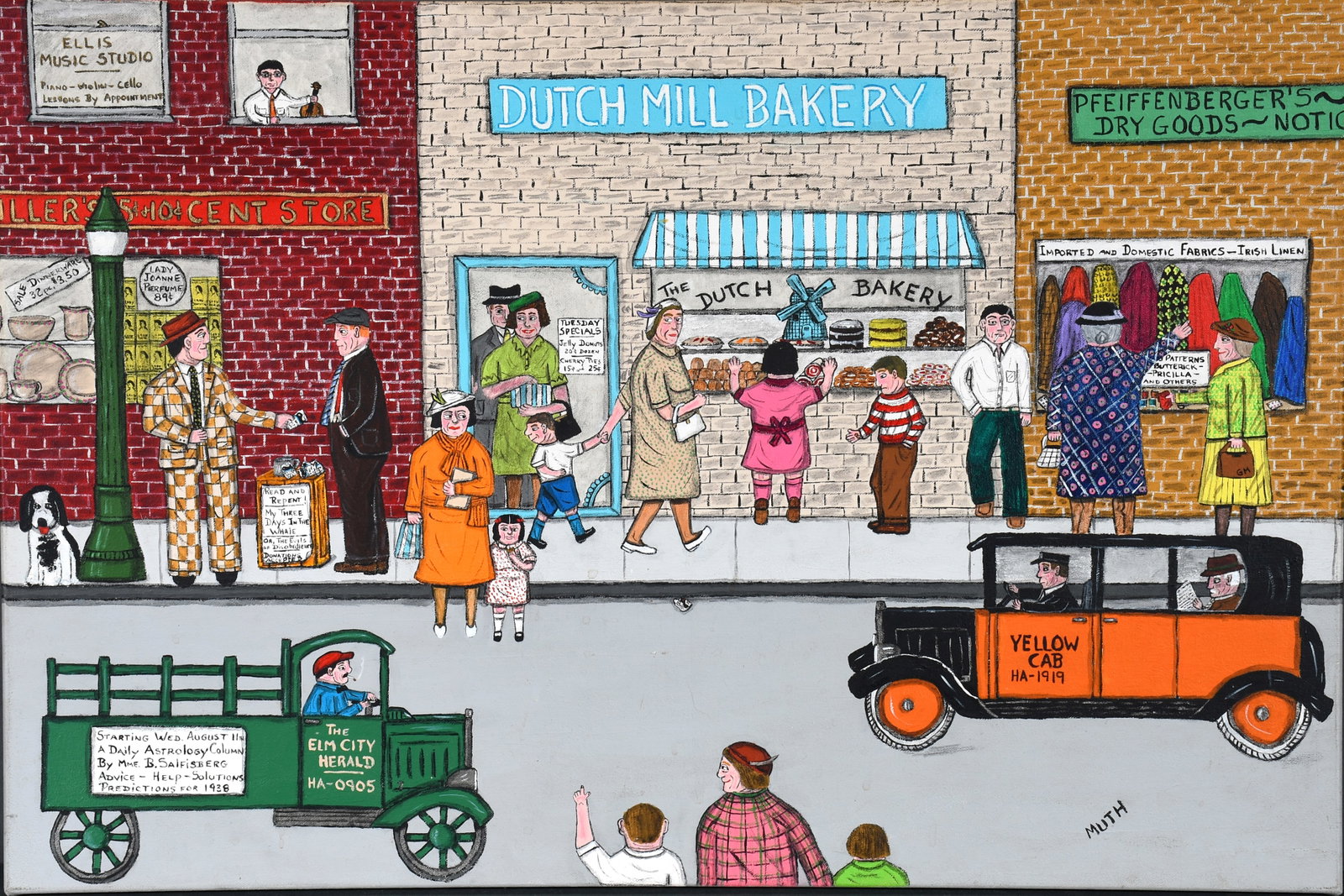 Marcia Muth. Dutch Mill Bakery.: Marcia Muth. Dutch Mill Bakery. Signed and titled. Paint on canvas. Excellent condition. 30" w x 20" h. Est. $300-500. Ship: $85