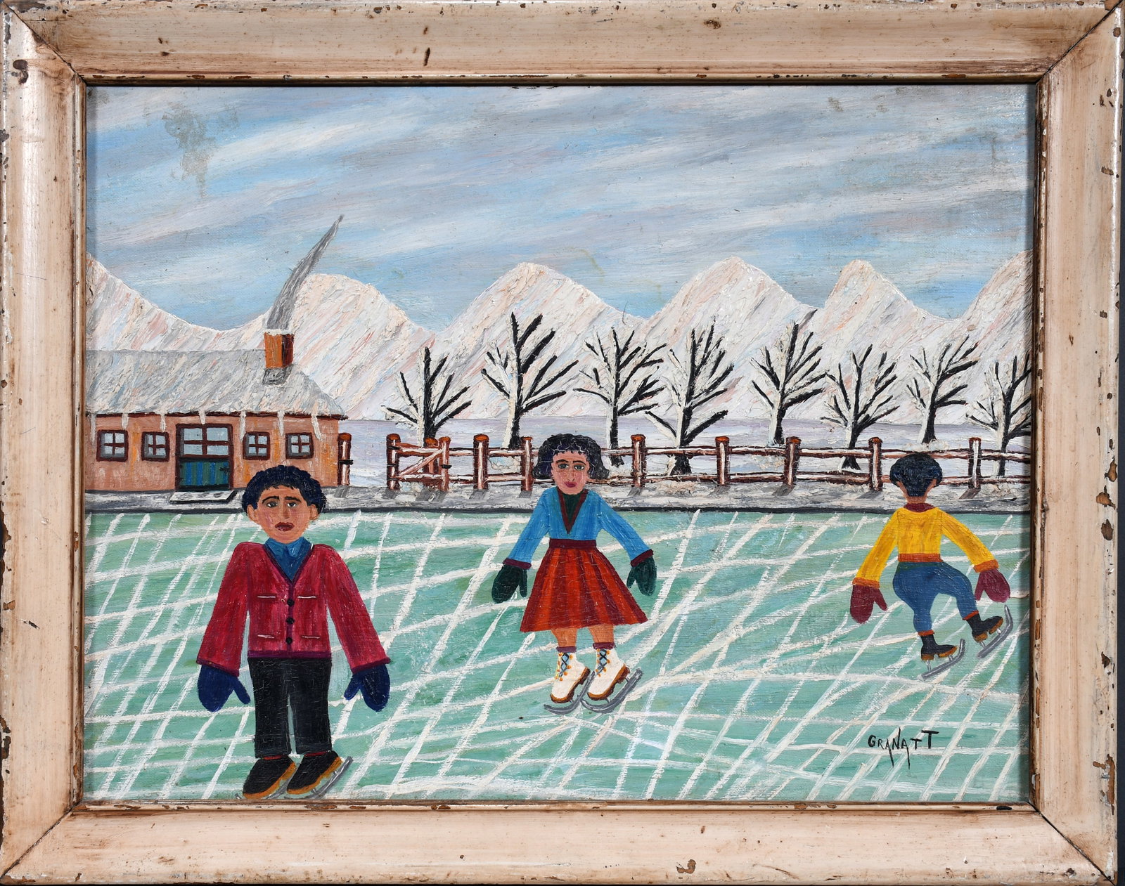 Samuel Granatt. Children On Ice.: Samuel Granatt. Children On Ice. Signed and titled. Oil on canvas panel. Minor crazing and some surface grime, otherwise good condition. Frame is 20" w x 16" h. Est. $200-400. Ship: $45